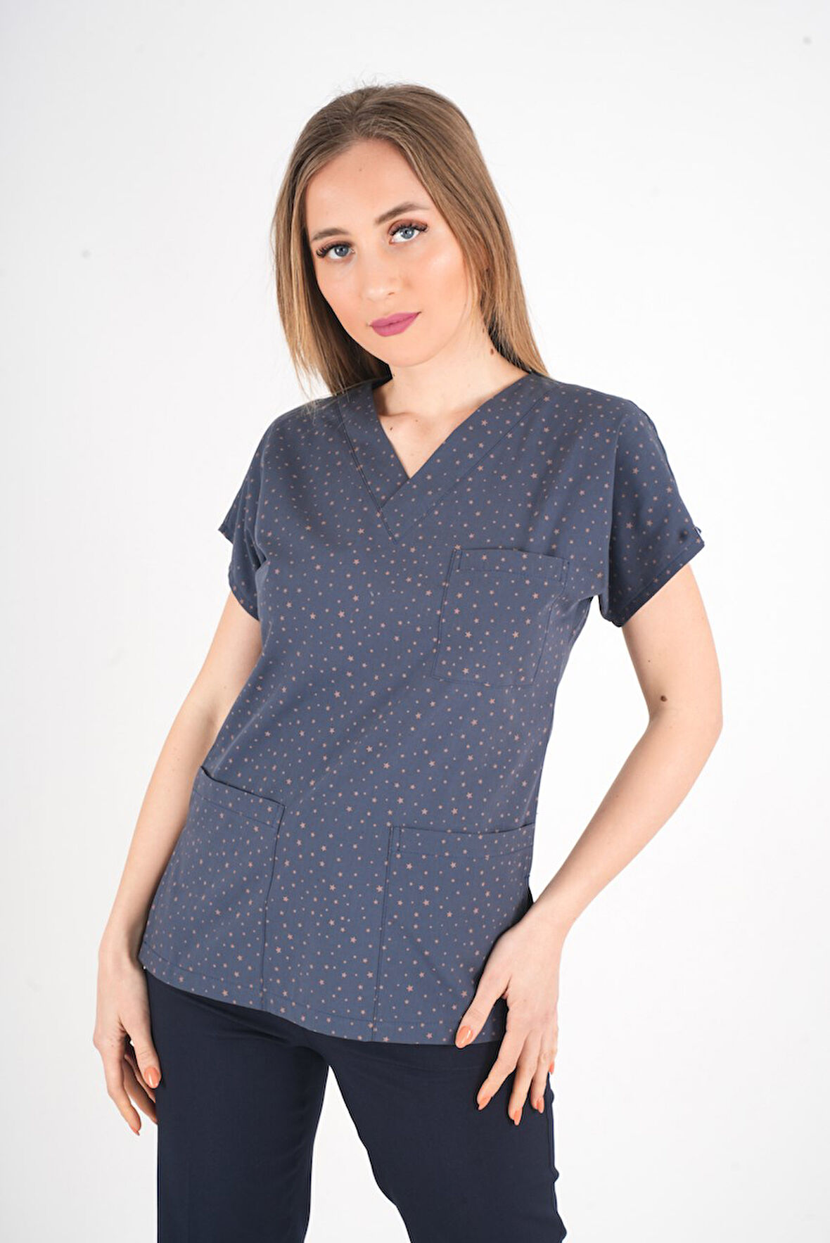 Unisex Bronz Yıldız Desenli Doktor Hemşire Hastane Aşçı Scrubs Tek Üst Üniforması