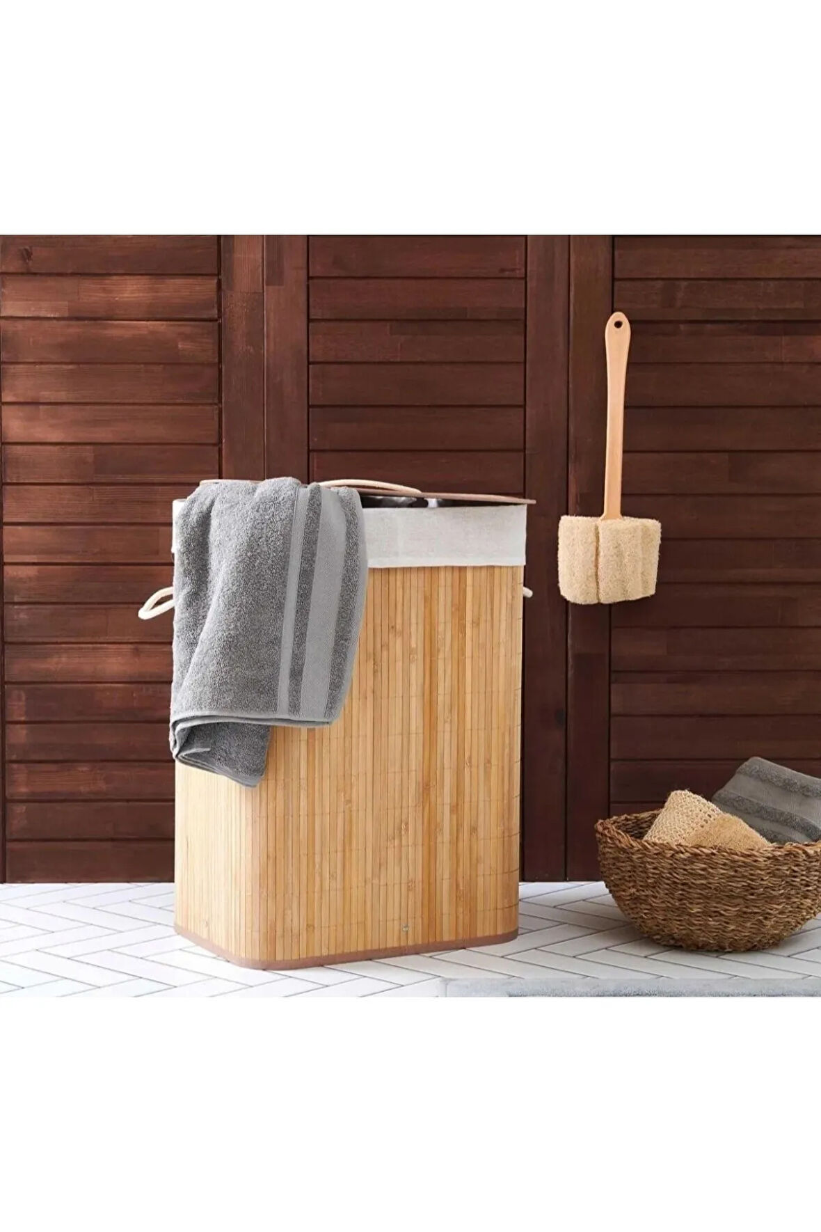 Katlanabilir Bambu Çamaşır Sepeti Kare 31x31x56 CM Kapaklı El Yapımı Dekoratif Modern Doğal Ahşap Ba