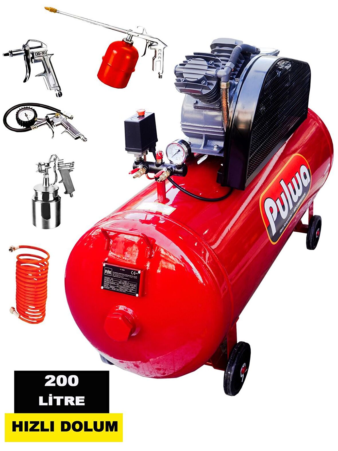 Rowemax Bakır Sargı 200 Litre 8 bar/ 3hp Hızlı Dolum Çift Pistonlu Yağlı Sesli Kompresör havalı Set