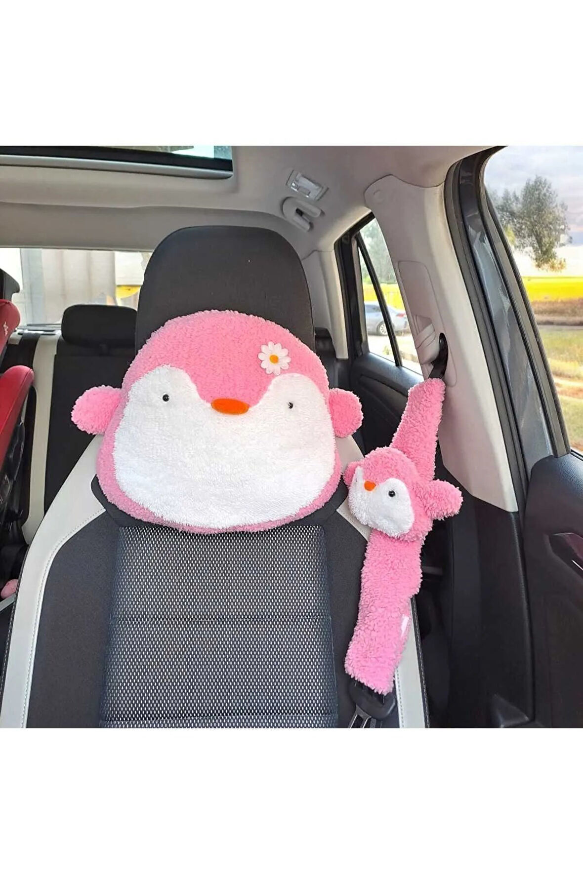 Pembe Penguen Araba Boyun Yastığı Ve Emniyet Kemeri Aksesuarı Peluş Kılıf Seti (1 YASTIK VE 1 KILIF)