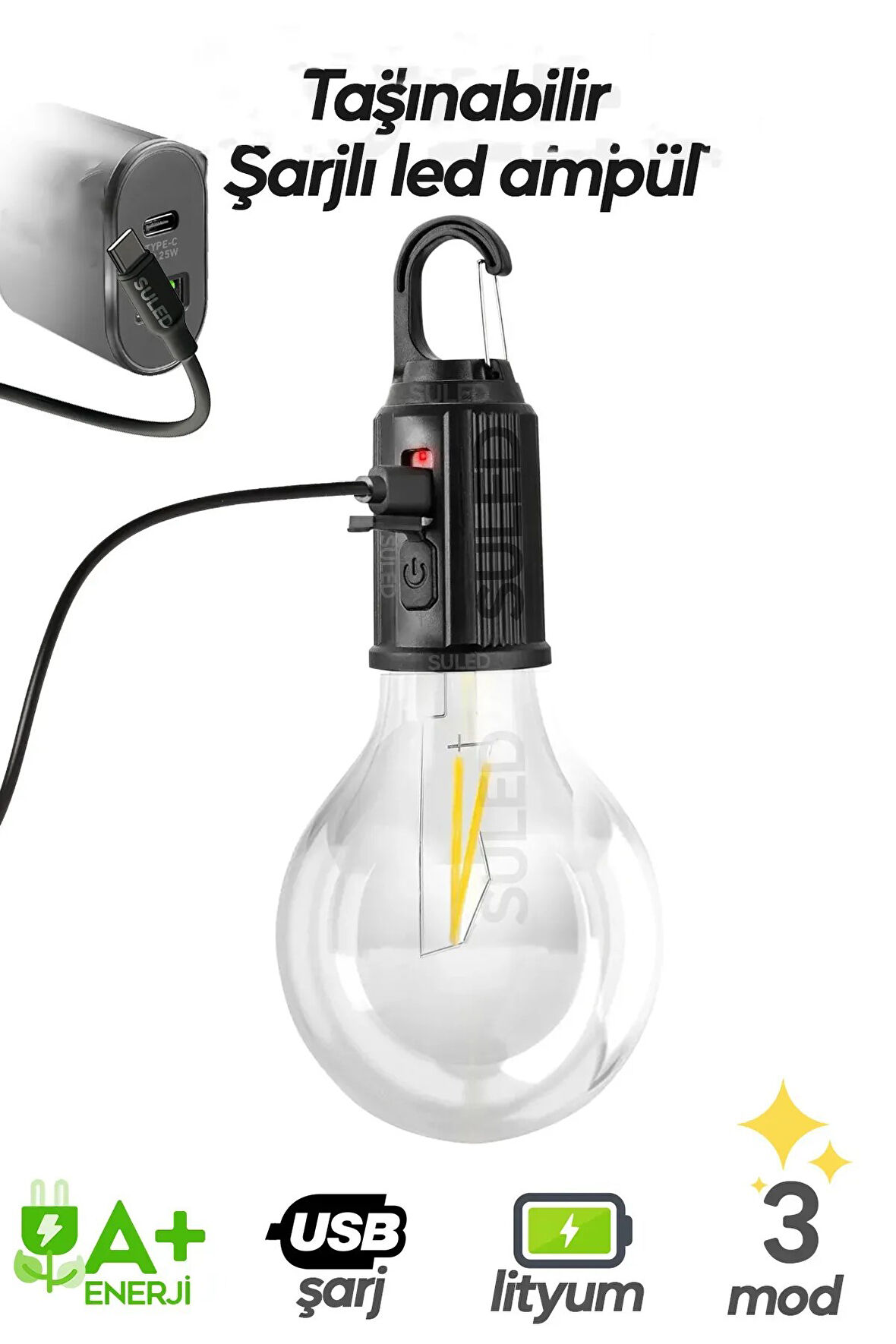 Taşınabilir Şarjlı Led Ampül Outdoor Kamp Bahçe Lambası 10W Askılı Kırılmaz Led Işık