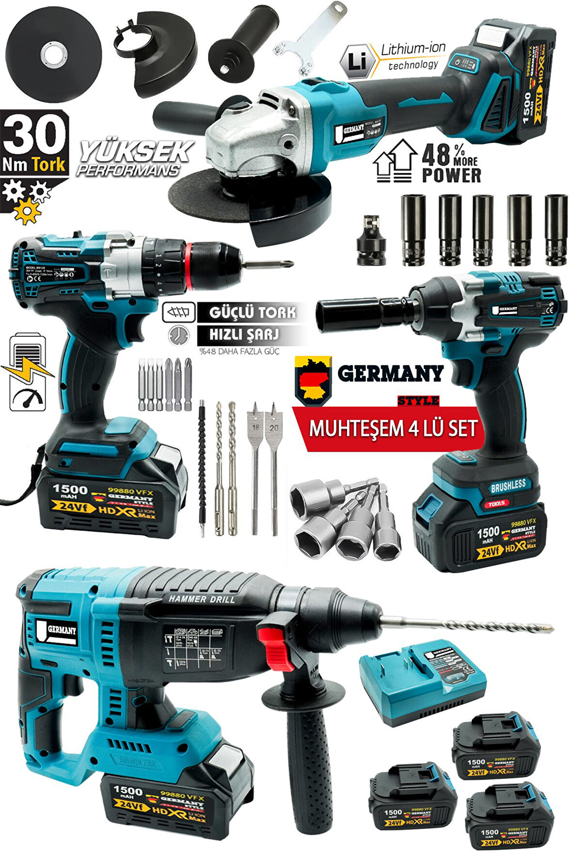  4'Lü Set 99880VPX Şarjlı Taşlama- Şarjlı Hilti-13mm Darbeli Şarjlı Matkap-Şarjlı Somun Sıkma