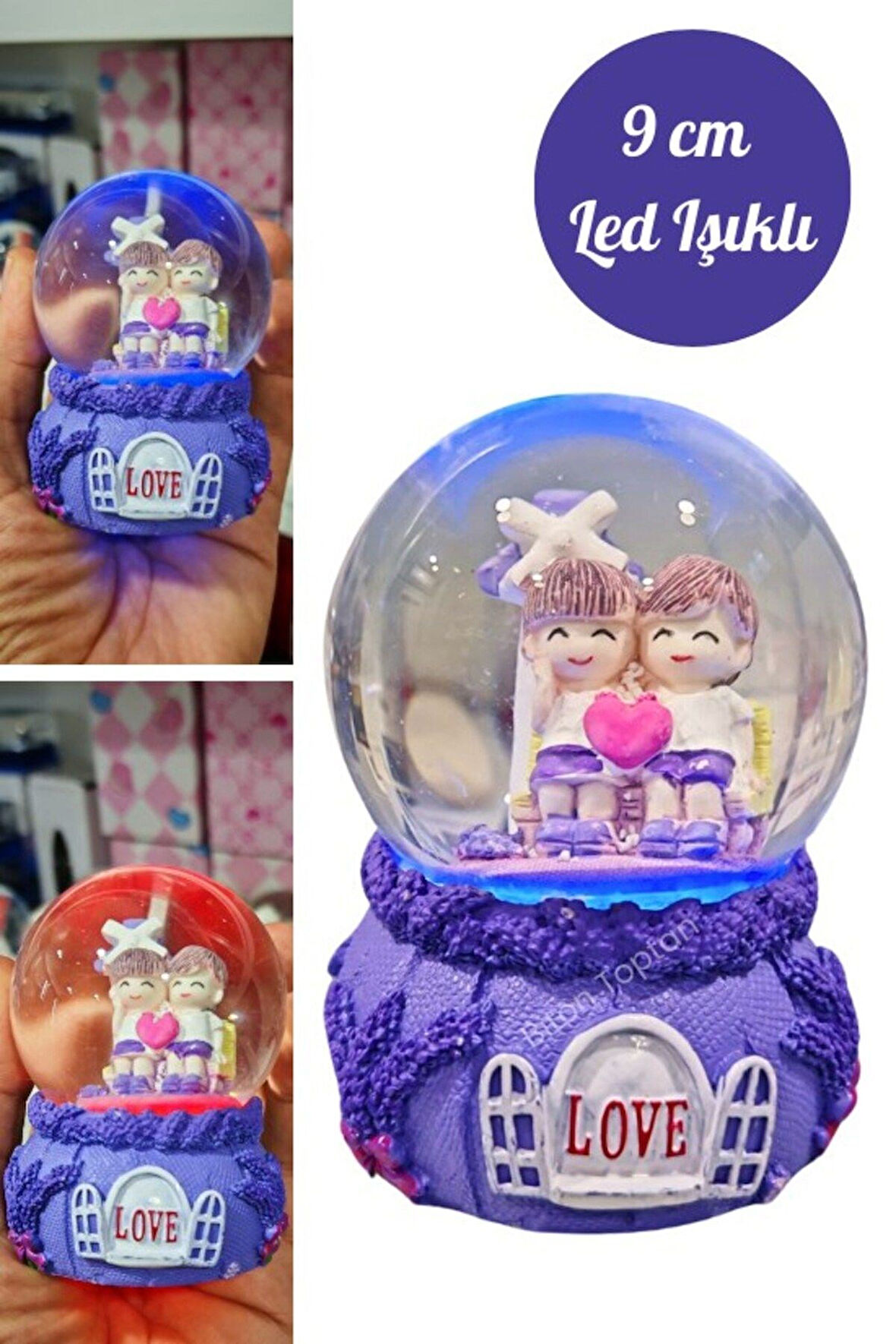 Aşkımsın Sevgili Çift Temalı Mor Love Led Işıklı Kar Küresi Sevgili Çift Temalı Mor 9 cm Orta Boy Ka