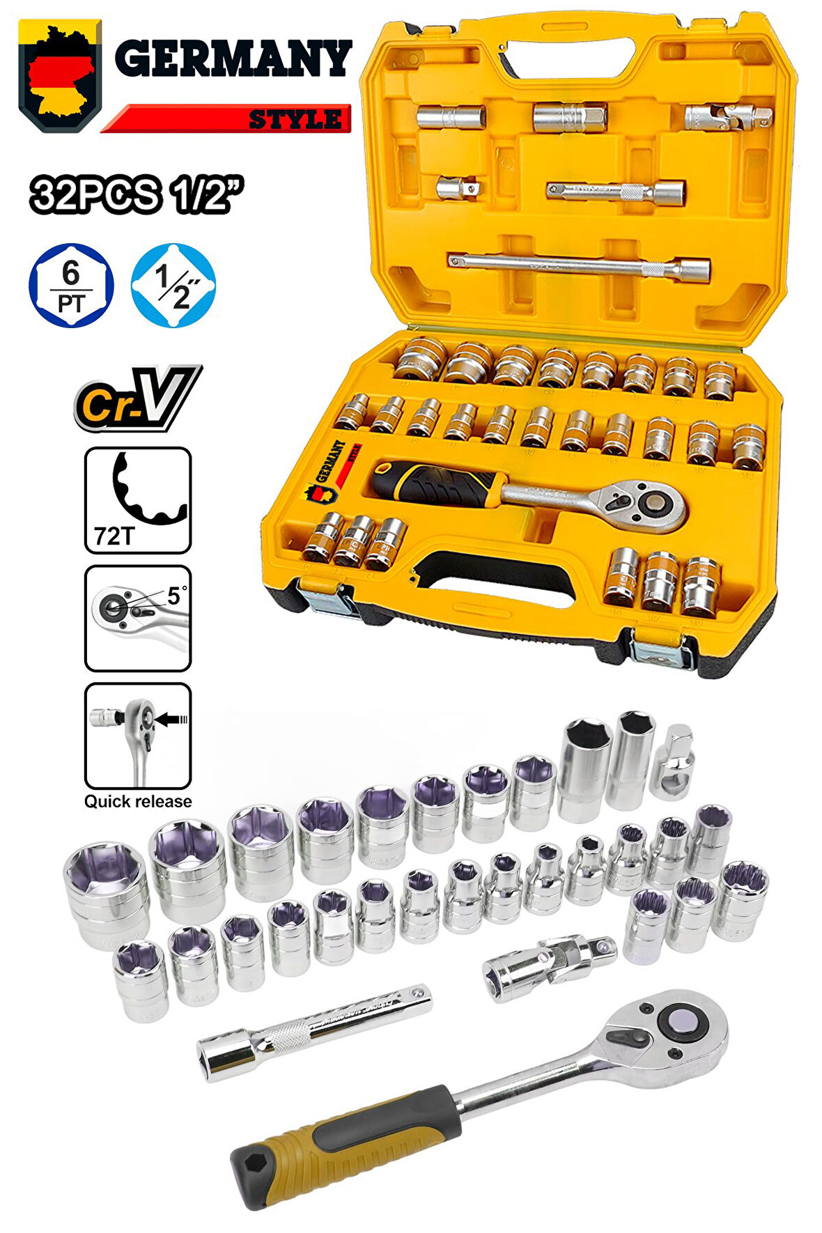 Germany Style 1/2 Lokma Takımı 32 Parça 72 Diş Profesyonel Usta Seti Lokma Seti Chrom Vanadium Çeliğ