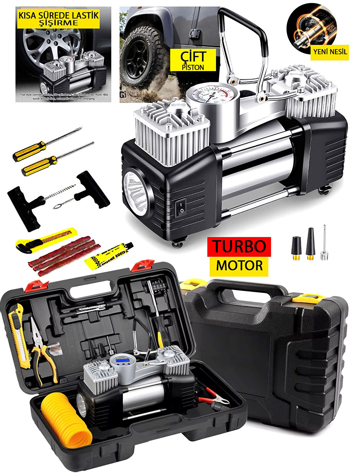 Germany Style Alman 250-MS Pro Çift Pistonlu Dk 85 Litre Çelik Gövde  Araç Lastik Bot Şişirme Tamir 