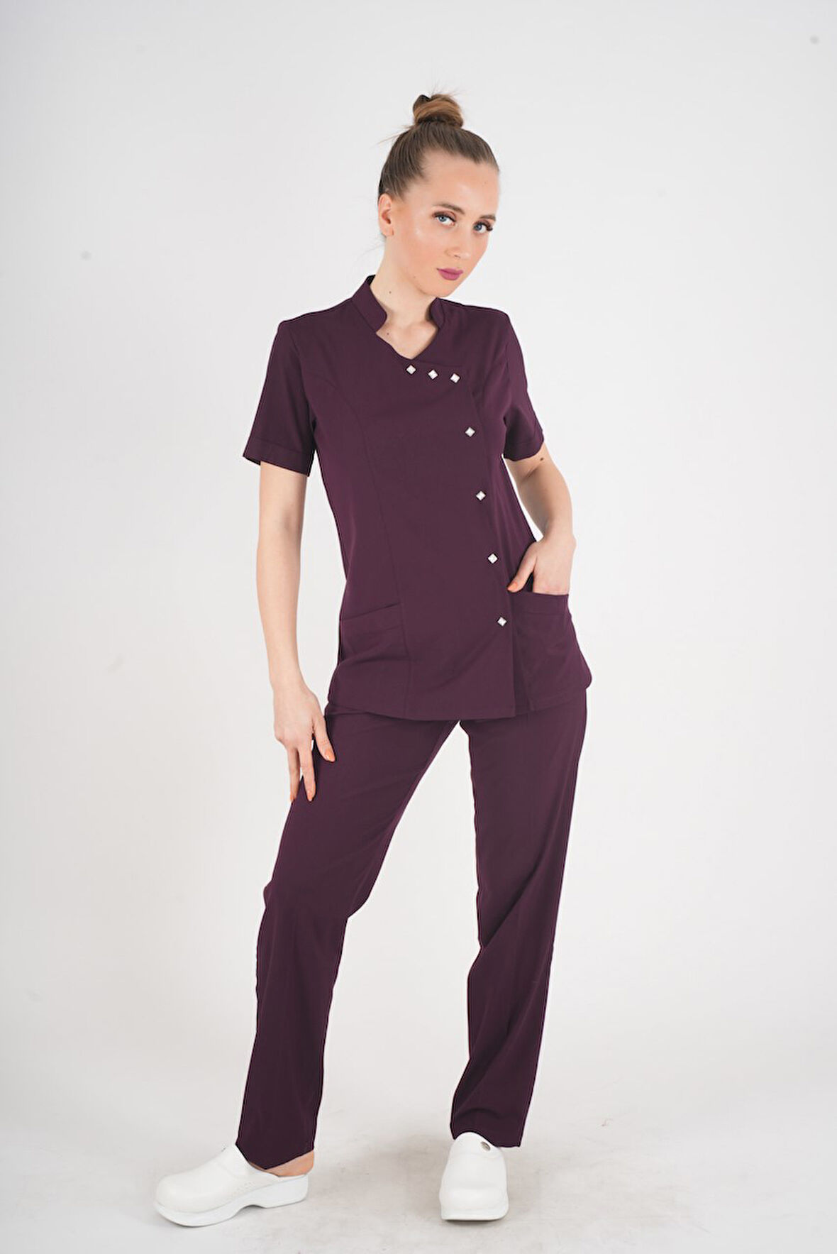 Aylu Model Soft Likra Mürdüm Doktor Hemşire Hastane Scrubs Üniforma Takımı