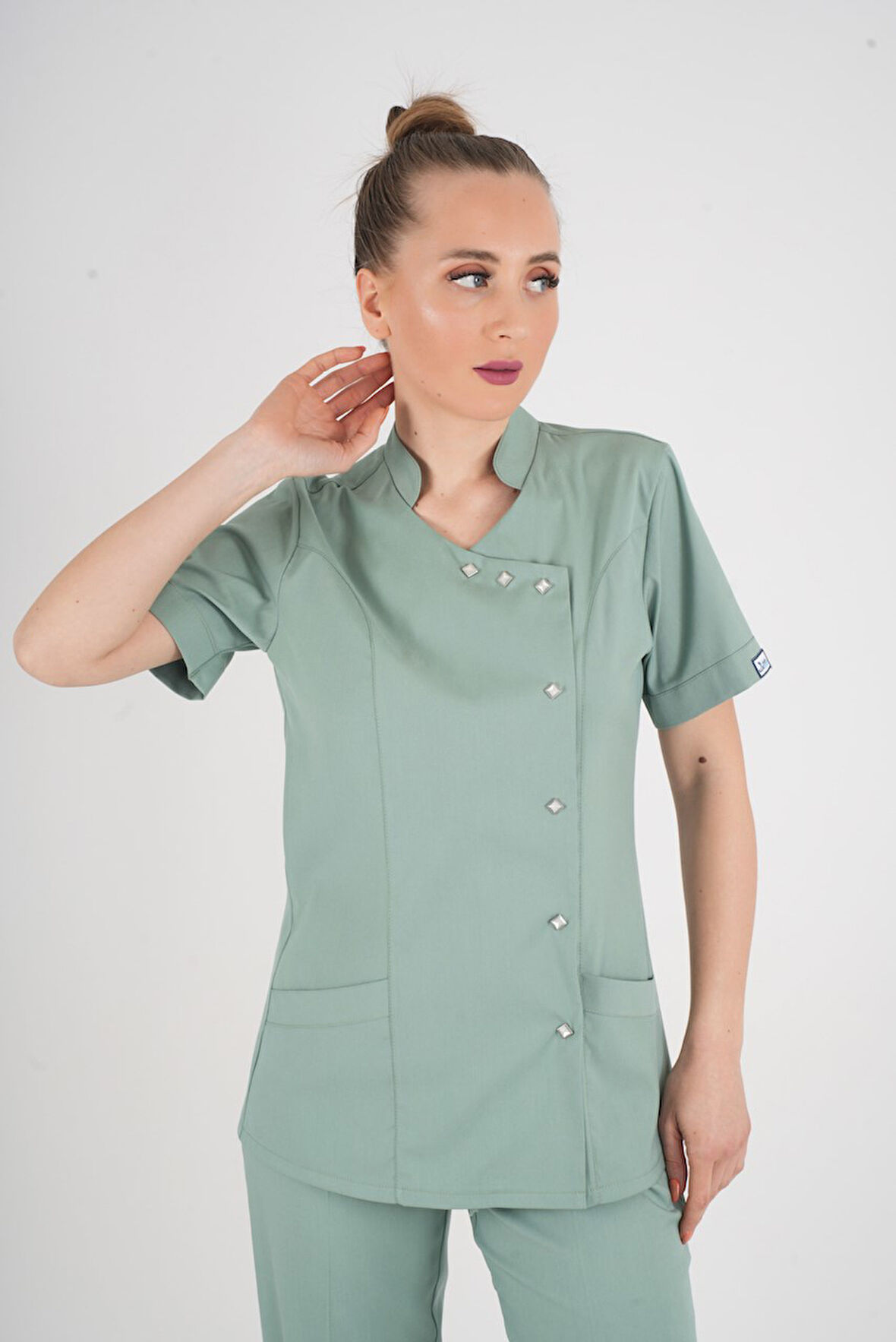 Aylu Model Soft Likra Çağla Yeşili Doktor Hemşire Hastane Scrubs Üniforma Takımı