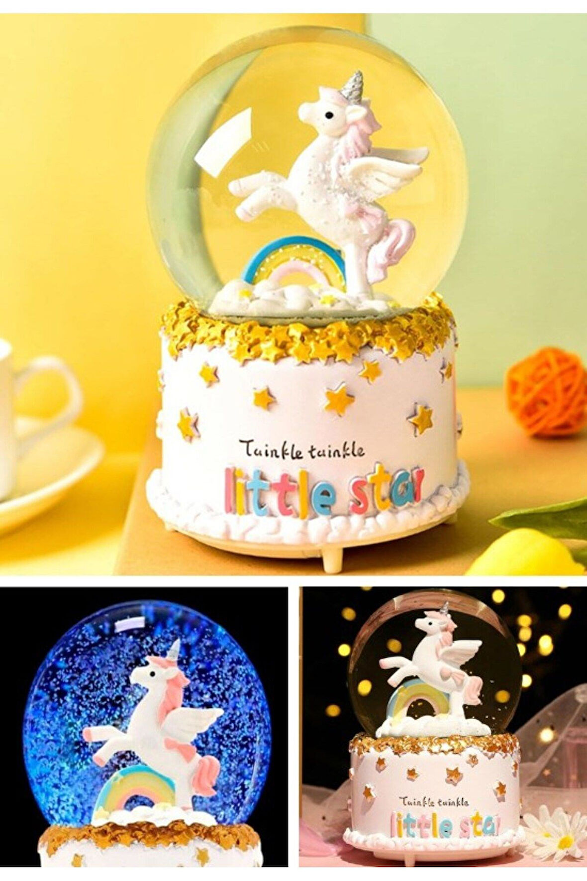 Işıklı Müzikli Hediye Unicorn Gökkuşağı Little Star Unicorn Kar Küresi Orta Boy Işıklı Müzikli 12 Cm