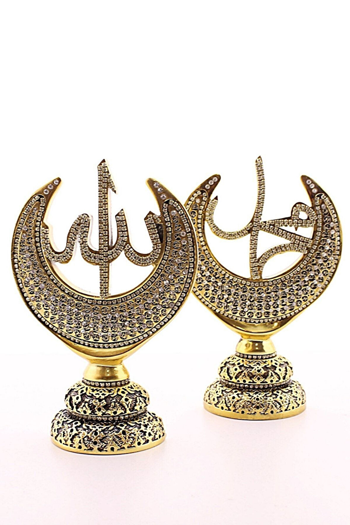 Polyester Üzerine Metal Kaplama Biblo ​​​​​​​2'li Gold Allah Muhammed Hilal Orta Boy Biblo 20 Cm