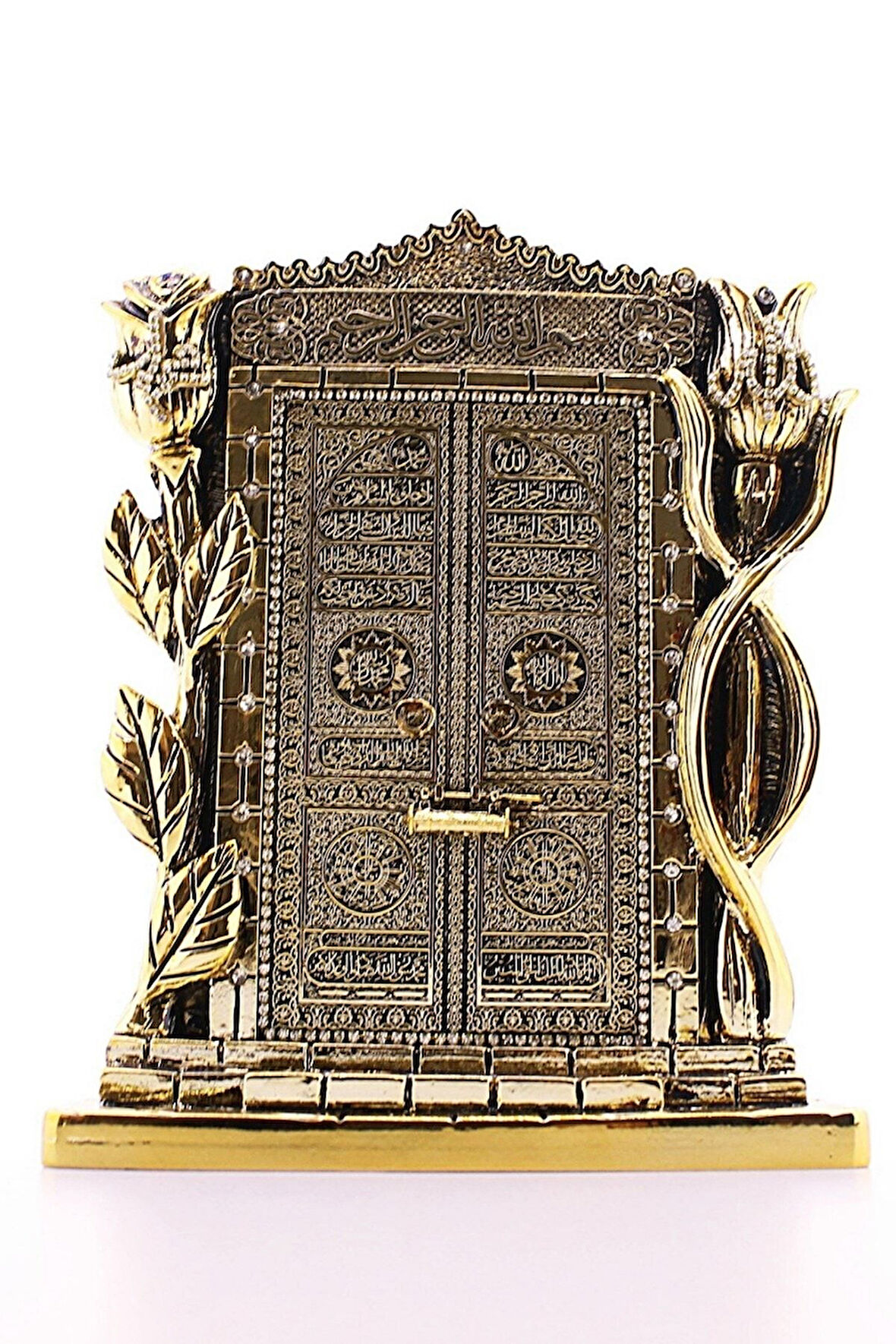 Polyester Üzerine Metal Kaplama Biblo Allah Muhammed Yazılı Gül Kabe Kapısı Gold Biblo 25 Cm