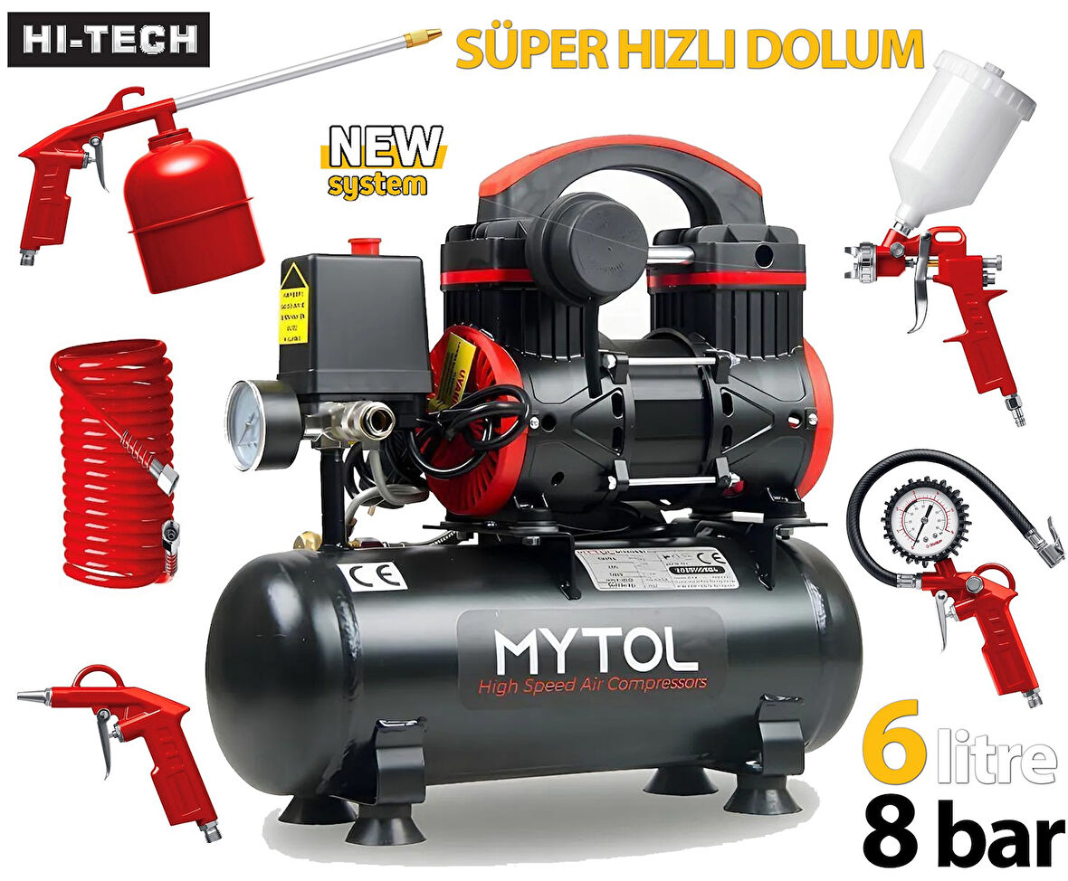 ROWERMAX Mytol 6 Litre 8 Bar Süper Hızlı Dolum 5 Li Havalı Setli Hava Kompresörü 1 HP Siyah