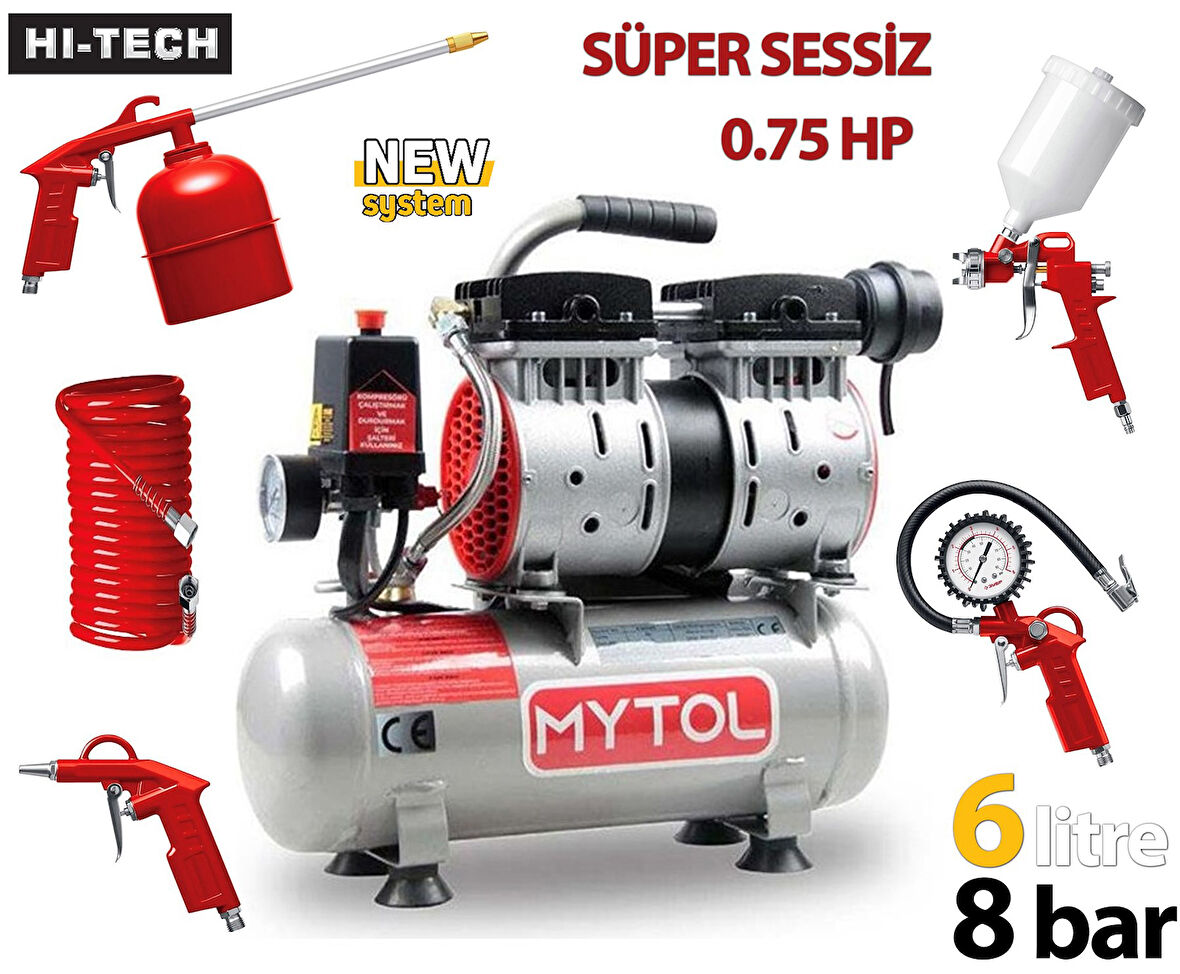 ROWERMAX Mytol 6 Litre 8 Bar Süper Sessiz Yağsız Hava Kompresörü 5 Li Havalı Setli 0.75 Hp Beyaz