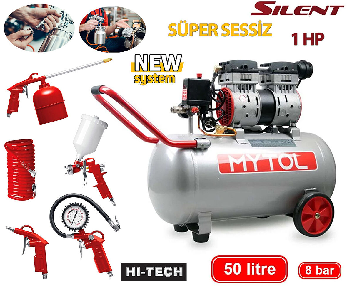 ROWERMAX Mytol 50 Litre 8 Bar Süper Sessiz Kompresör 5 Li Havalı Setli Hava Kompresörü 1 HP Beyaz