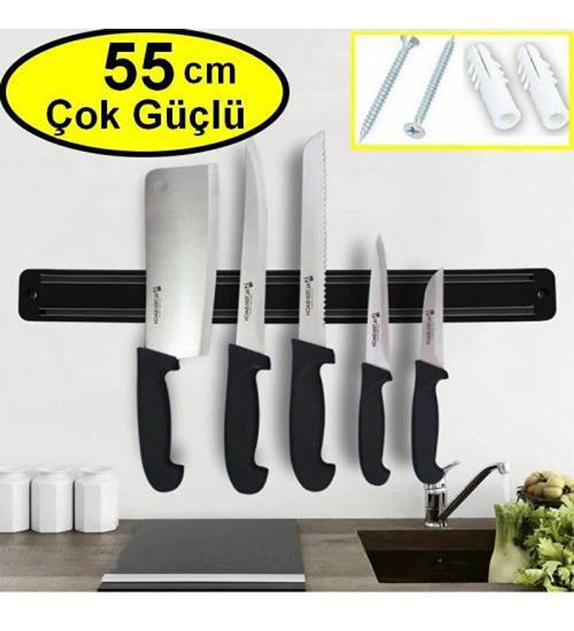 Büyük Boy Mıknatıslı Bıçak Askısı 55 cm Pratik Duvara Monteli Bıçak Tutucu Bıçak Organizer Bıçaklık