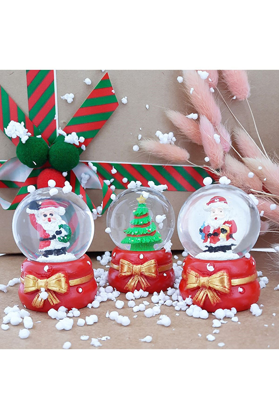 Dekoratif Yılbaşı Yeni Yıl Işıklı Noel Baba ve Noel Ağacı 3'lü Set Kar Küre Işıklı Özel Tasarım 6 CM