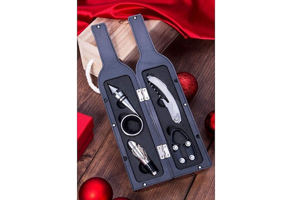Şarap Şişesi Formatında 5 Parça Çelik Şişe Açacağı Seti Kılıf ile Şık Hediye Seti Wine Opener Gift