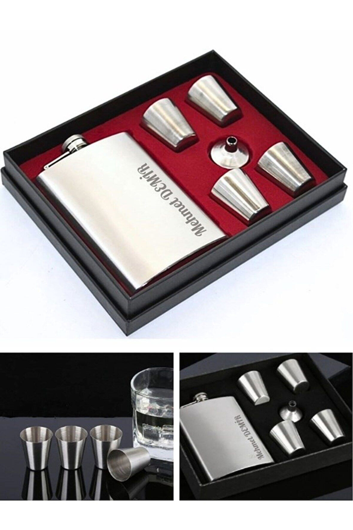 4 Shot Bardaklı Matara Kişiye Özel Çelik Matara Seti Viski Alkol Konyak Matarası 4 Shot Bardaklı Vip