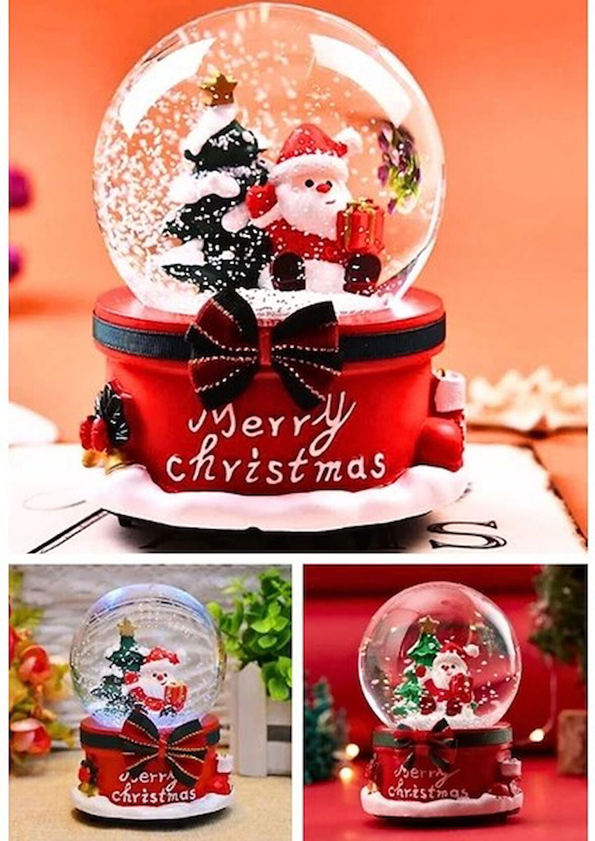 Yılbaşı Noel Baba Işıklı Müzikli Kar Küresi Yeni Yıl Noel Baba ve Çam Ağacı Temalı Kar Küresi 13 CM 