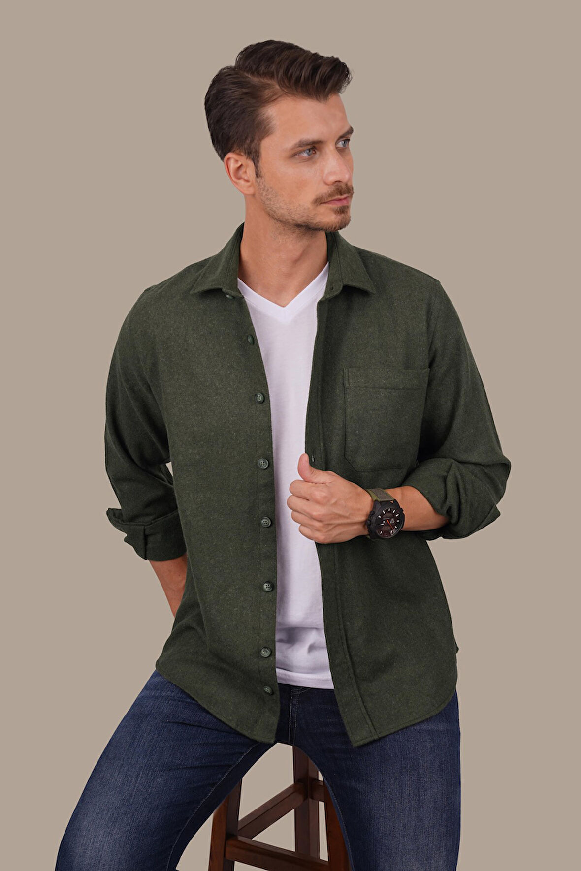 Haki Düz Oversize Oduncu Erkek Gömlek