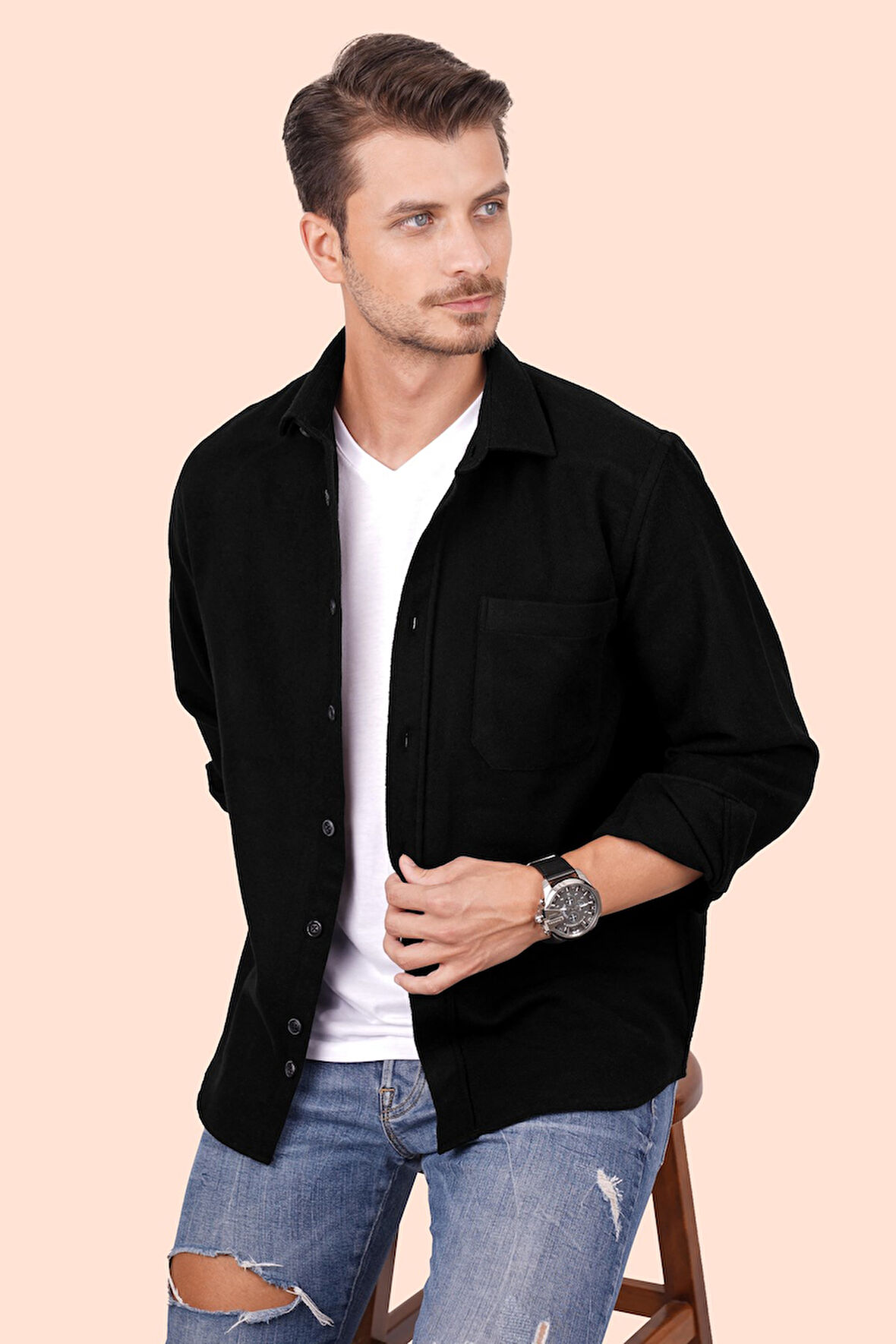 Siyah Düz Oversize Oduncu Erkek Gömlek