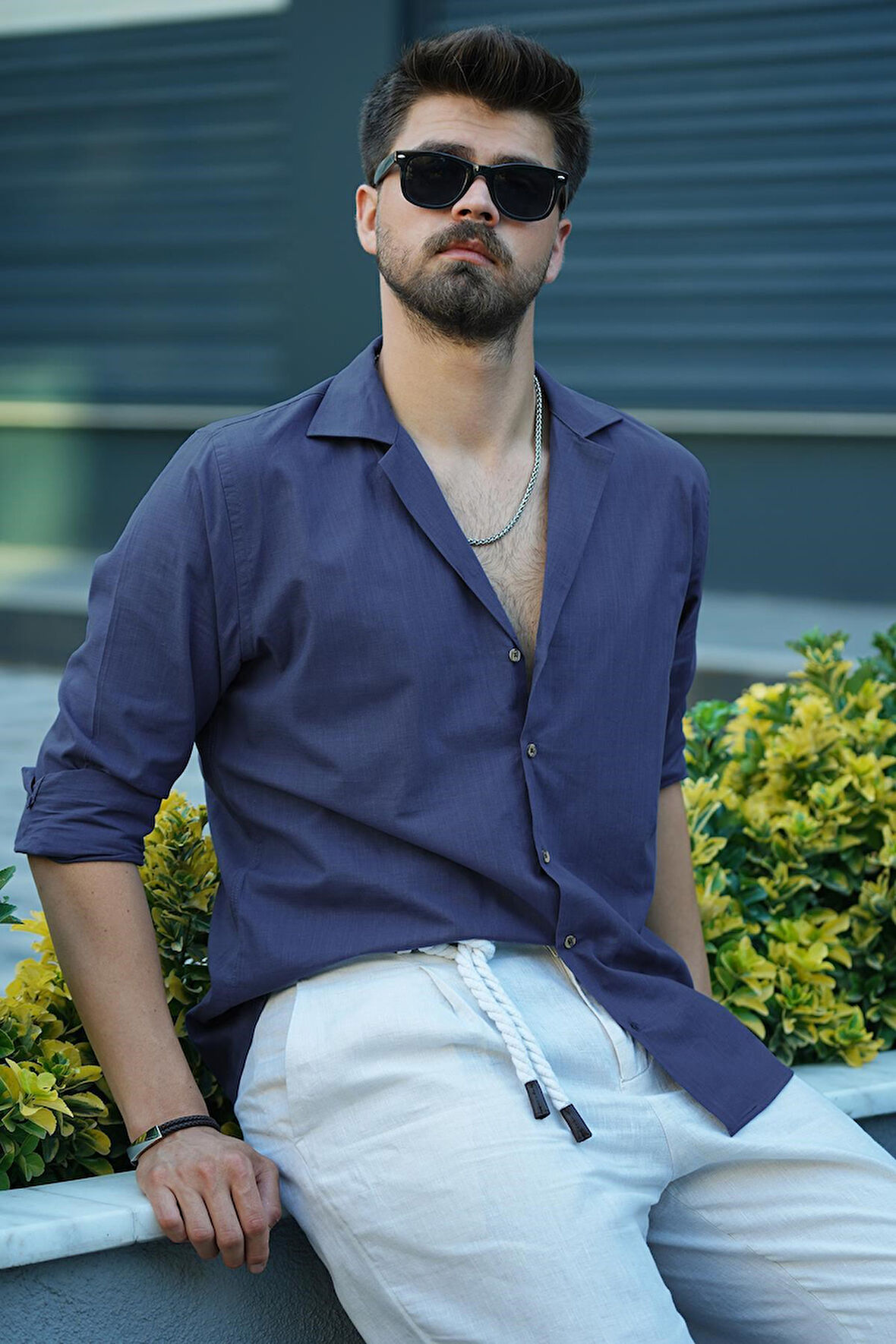 indigo Keten Apaj Yaka Relax Fit Erkek Gömlek