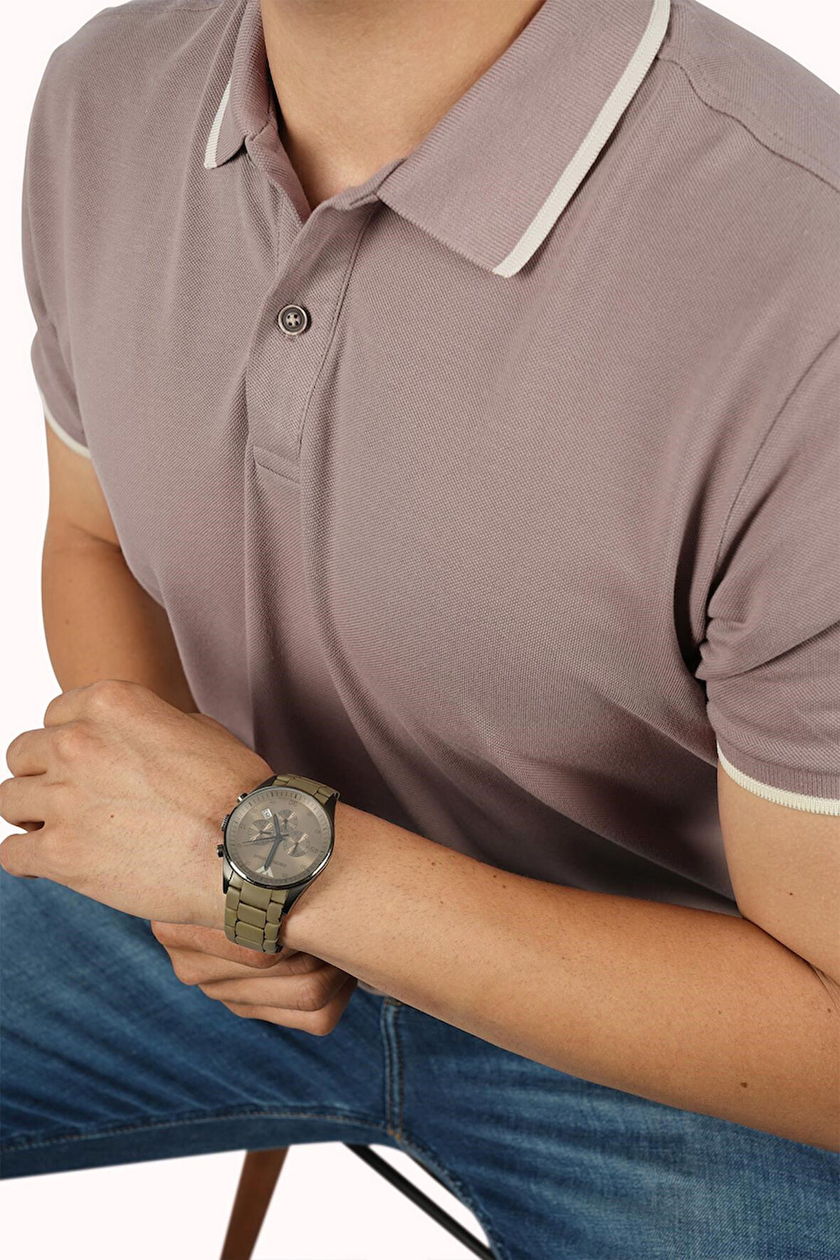 Vizon Bej Yaka Çizgili Erkek Polo Yaka Tişört