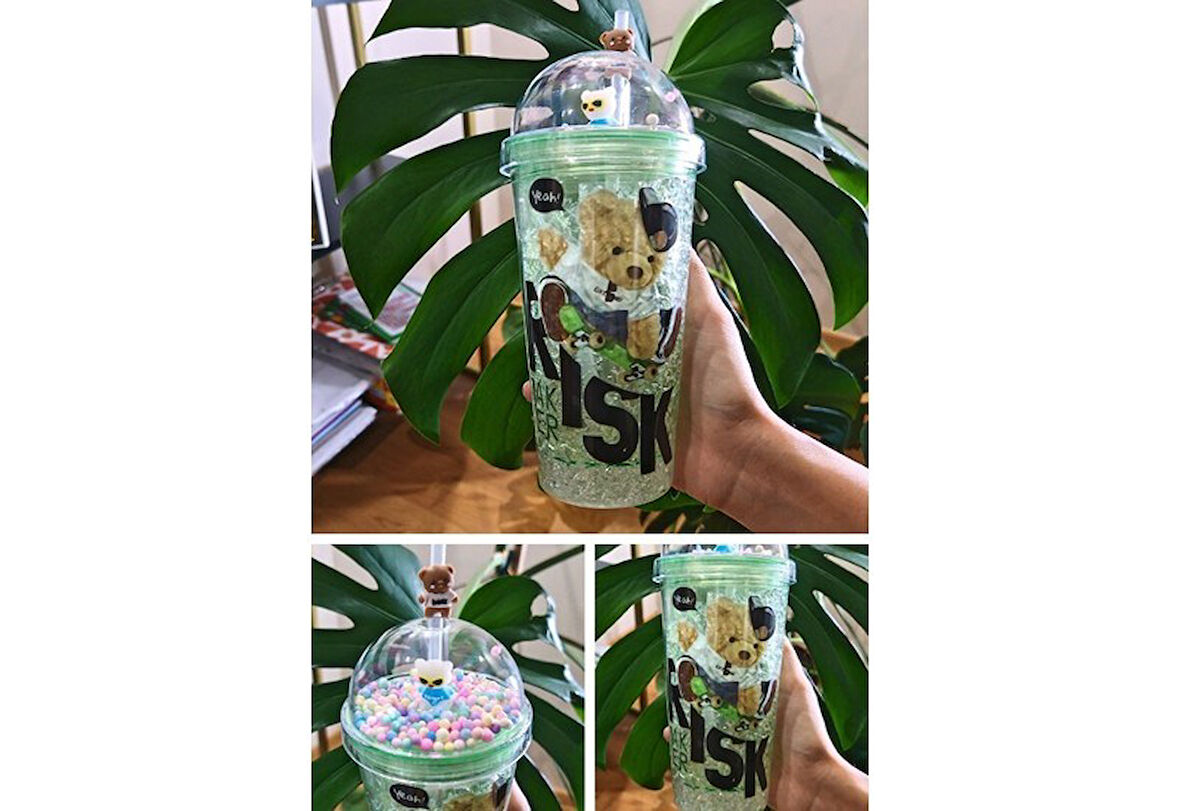 450ML Suluk Pipetli Mika Pipetli Karakter Figürlü Suluk Sevimli Ayıcık Temalı Çift Katman Yeşil 2726