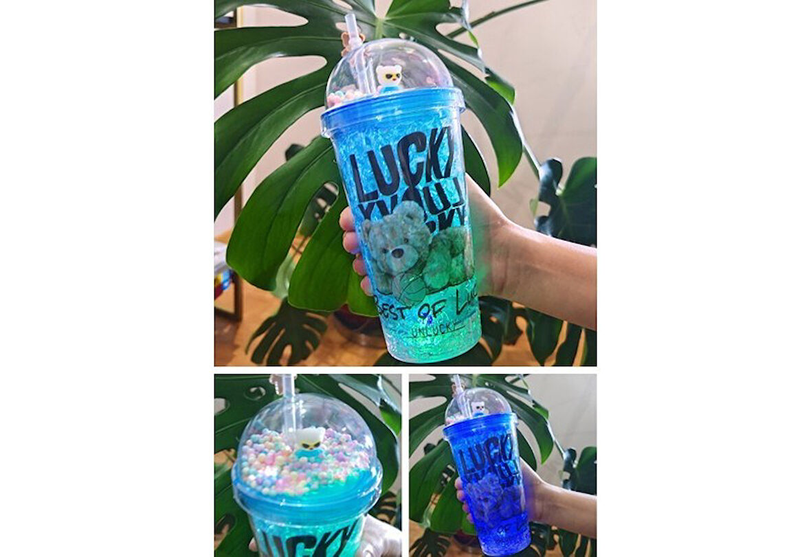 Led Işıklı Pipetli Buzlu Cam Görünüm Lucky Ayıcık Karakterli Suluk 450 ML Çift Katman Mika Mavi 2768