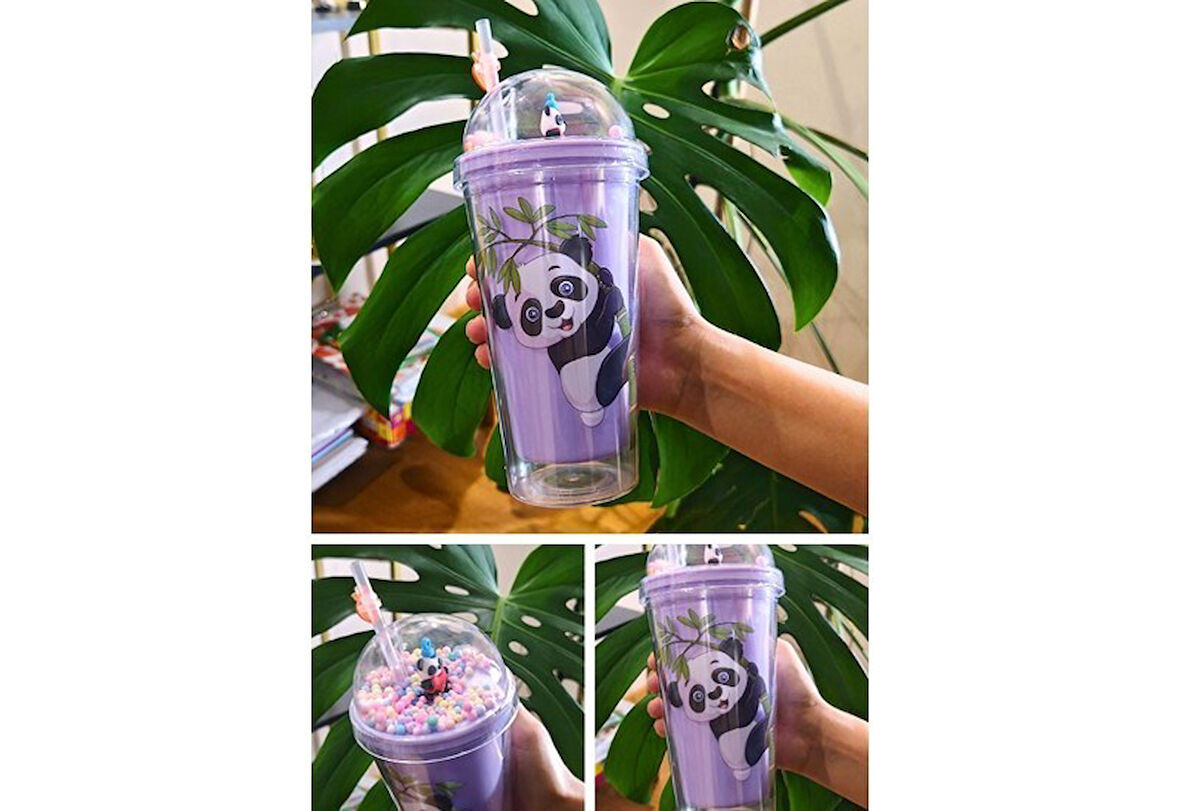 Pipetli Suluk Karakter Figürlü Sevimli Panda Temalı Çift Katman 450 ml Suluk Pipetli Matara Mor 2770