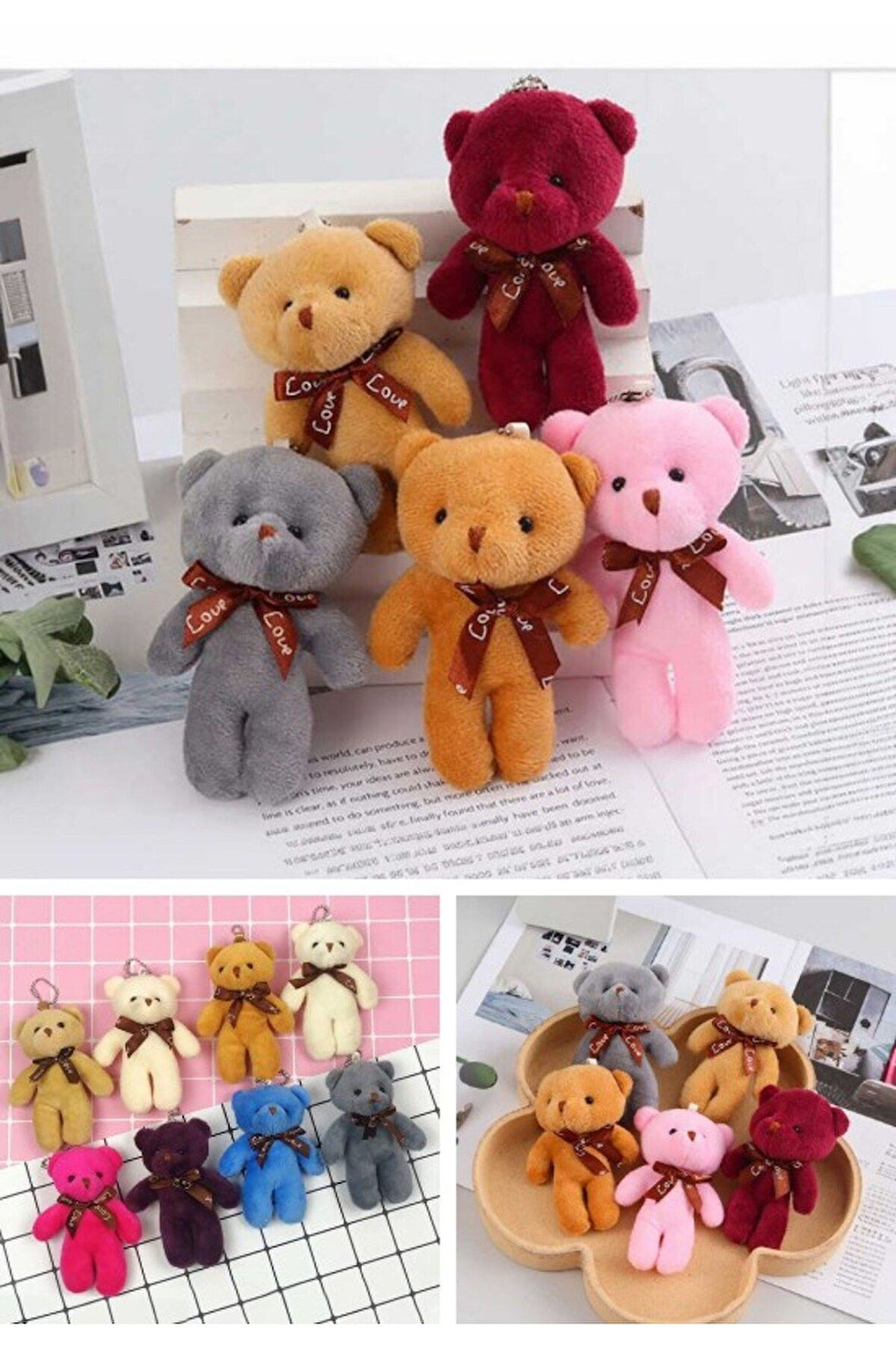 Çanta Süsü Aksesuarı Anahtarlık 6 Adet Peluş Ayıcık Set Mini Yumoş Karışık Renk Çanta Süsü 11 cm
