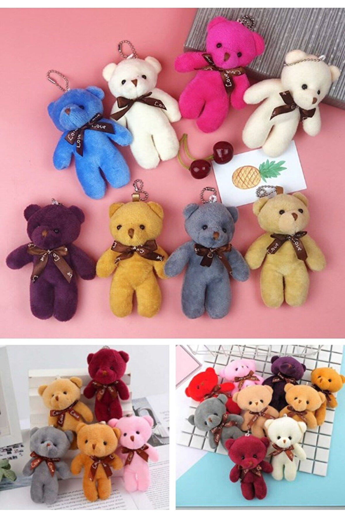 Çanta Süsü Aksesuarı Anahtarlık 12 Adet Peluş Ayıcık Set Mini Yumoş Karışık Renk Çanta Süsü 11 cm