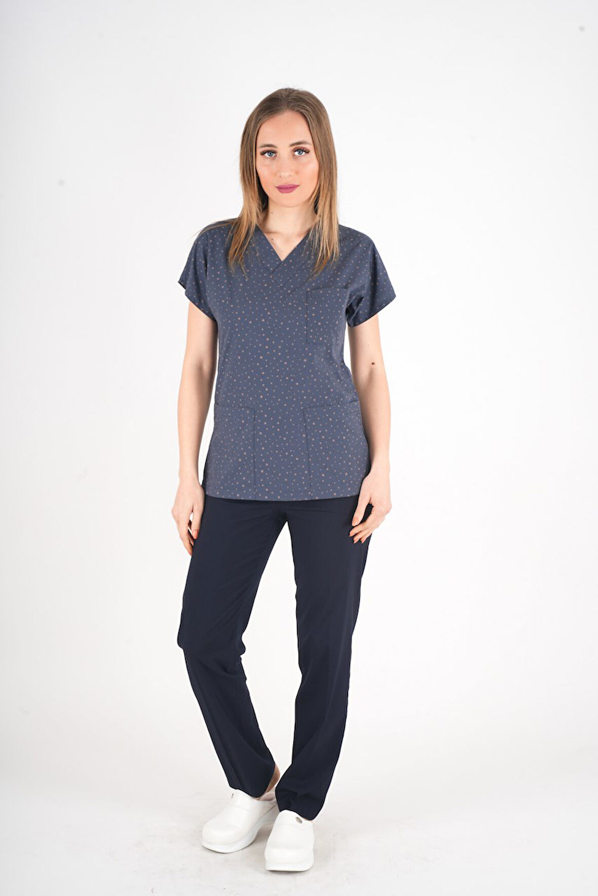 Unisex Bronz Yıldız Desenli Doktor Hemşire Hastane Aşçı Scrubs Üniforma Takımı