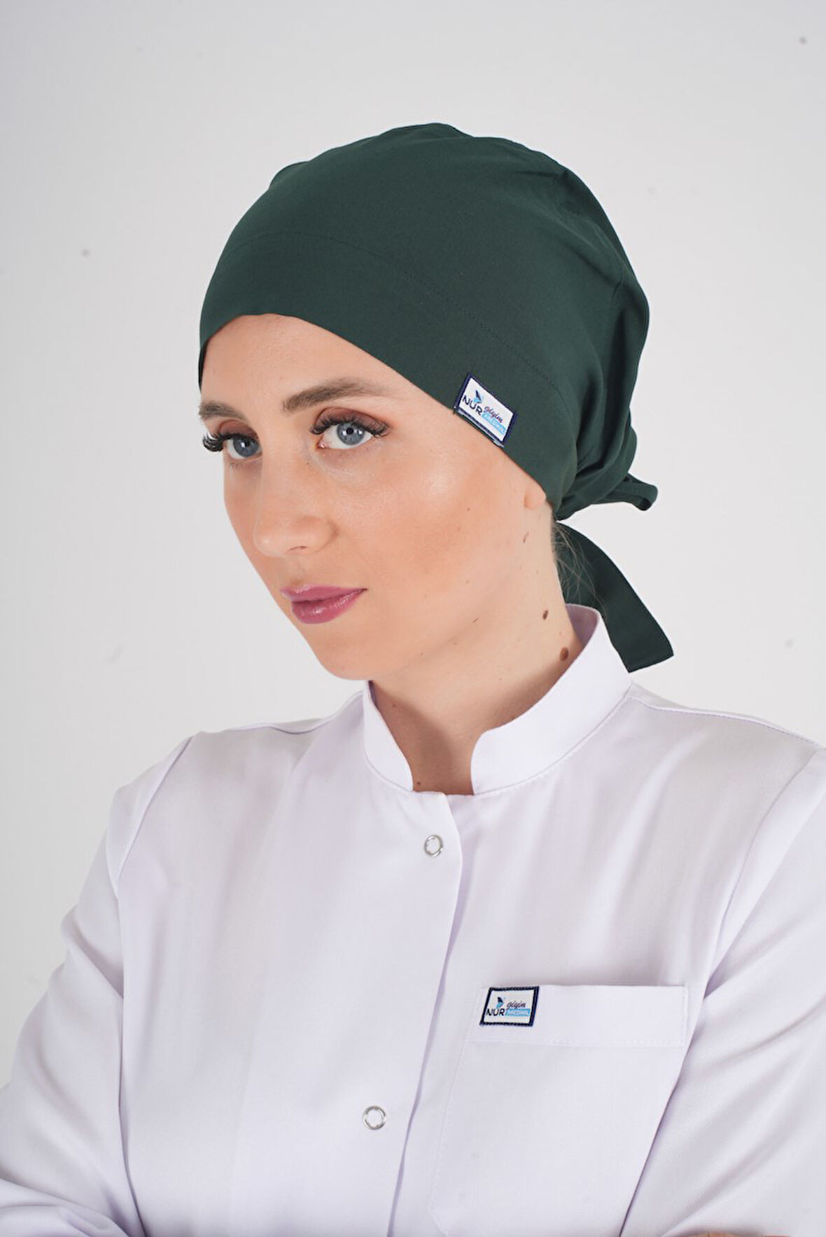 Tesettür Düz Ördekbaşı Yeşili Hemşire Doktor Hastane Ameliyat Cerrahi Tesettür Bonesi