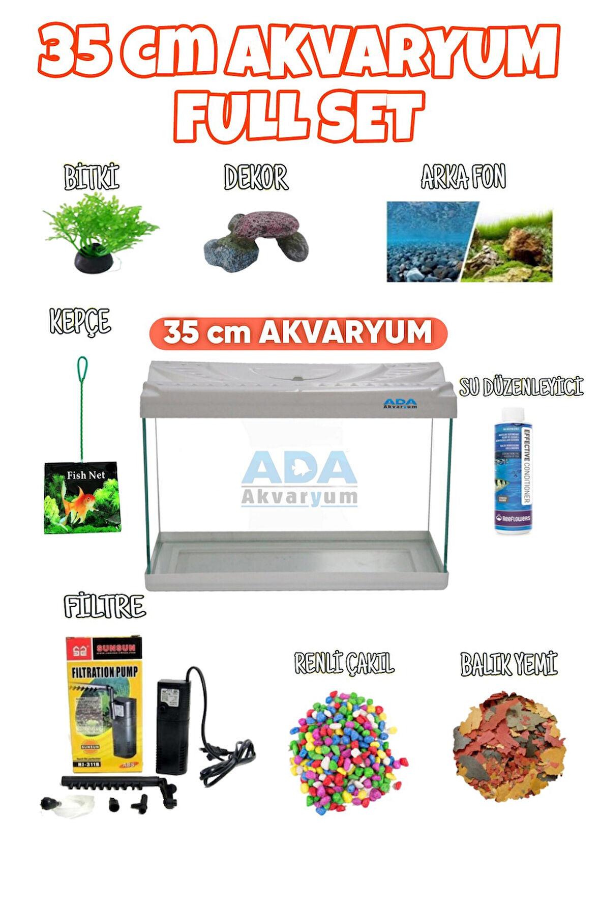 Full Akvaryum Seti Beyaz Renk 35x25x15 Cm  9 Parça