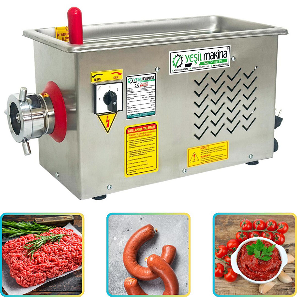 Yeşil YKM12 220v 0,55kW 12 No Et Kıyma Makinası Geri Çekmeli Sucuk Aparatlı 100kg/saat