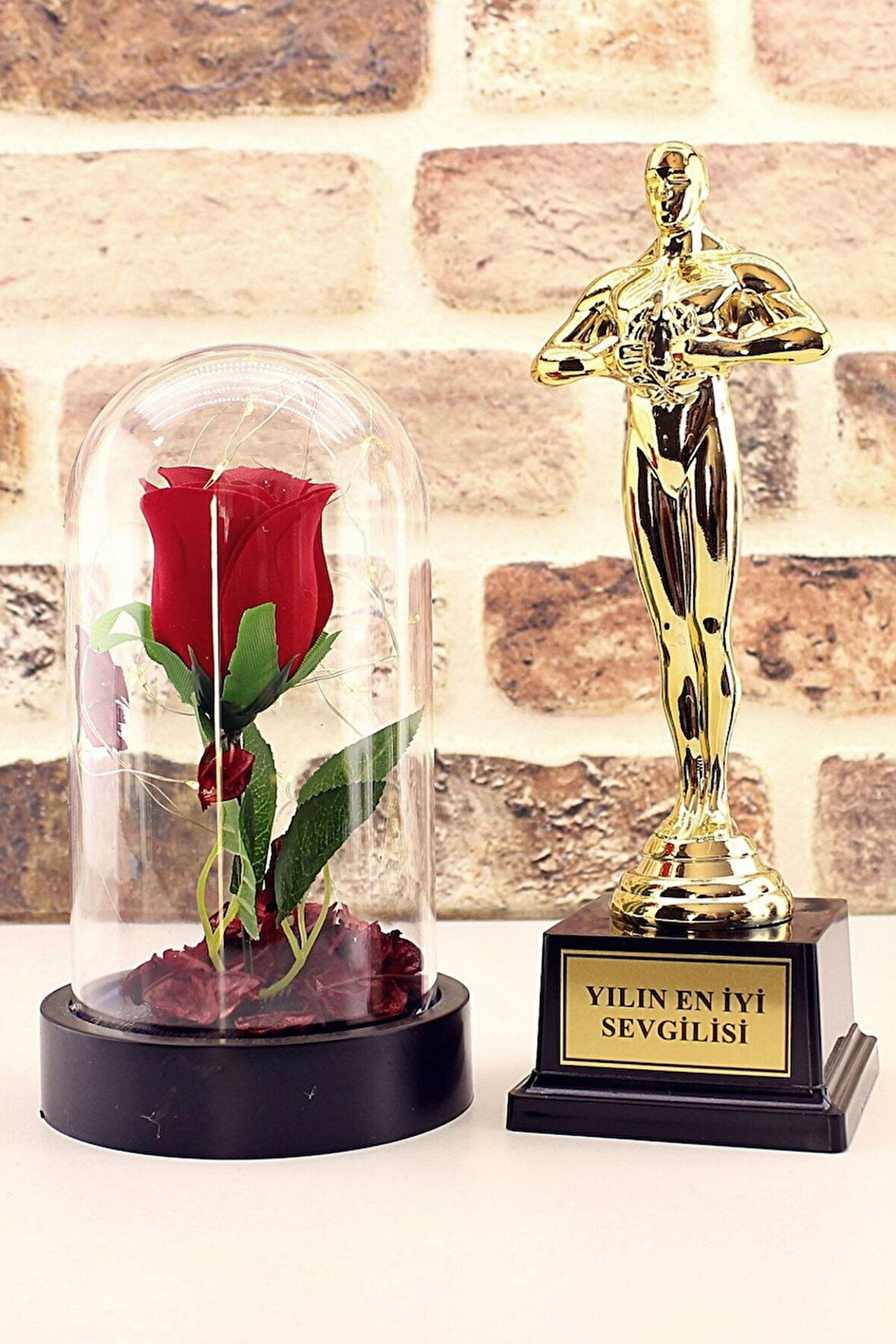 Eşe Sevgiliye Yılın En Iyi Sevgilisi Oscar Ödülü Ve Led Işıklı Fanus Gül Hediye Seti
