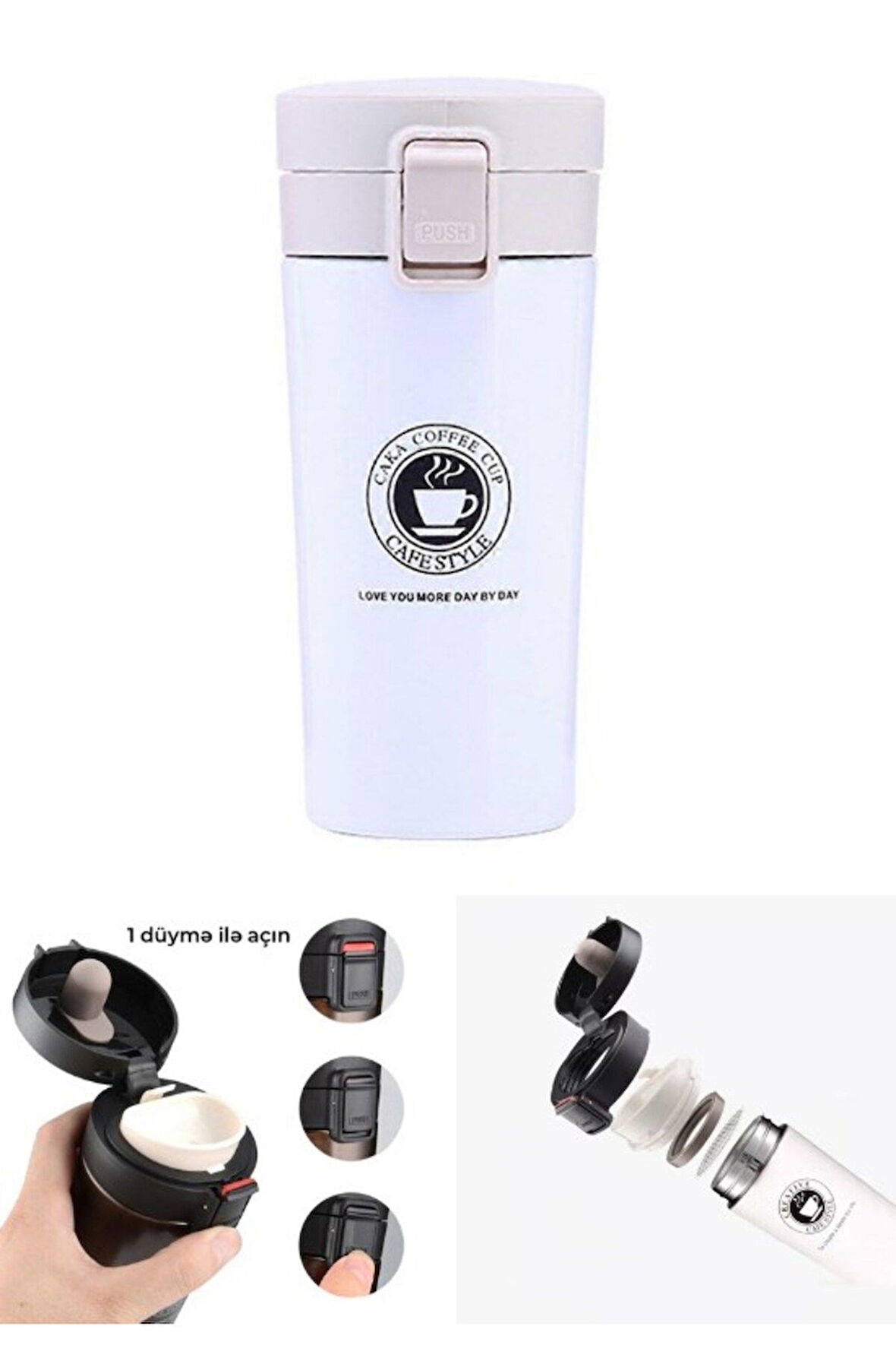 12 Saate Kadar Sıcak Soğuk Tutma Filtreli Çift Katmanlı Beyaz Mug Termos 380 ML Kamp Termosu SUS 304
