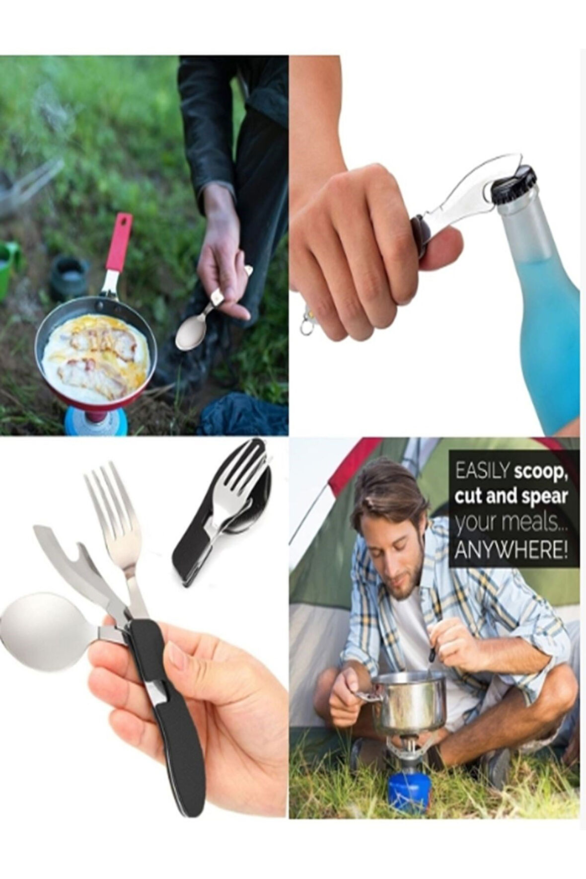 3'ü 1 Arada Kaşık Çatal Bıçak Açacak Takımı Katlanabilir ve Ayrılabilir Kamp Yemek Outdoor Seti