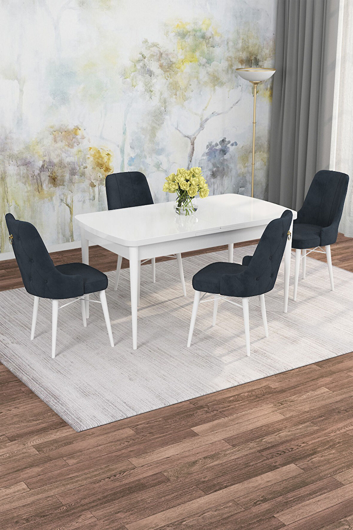 Arven Serisi 80x132 Açılabilir MDF Beyaz Mutfak Masa Takımı 4 Sandalye