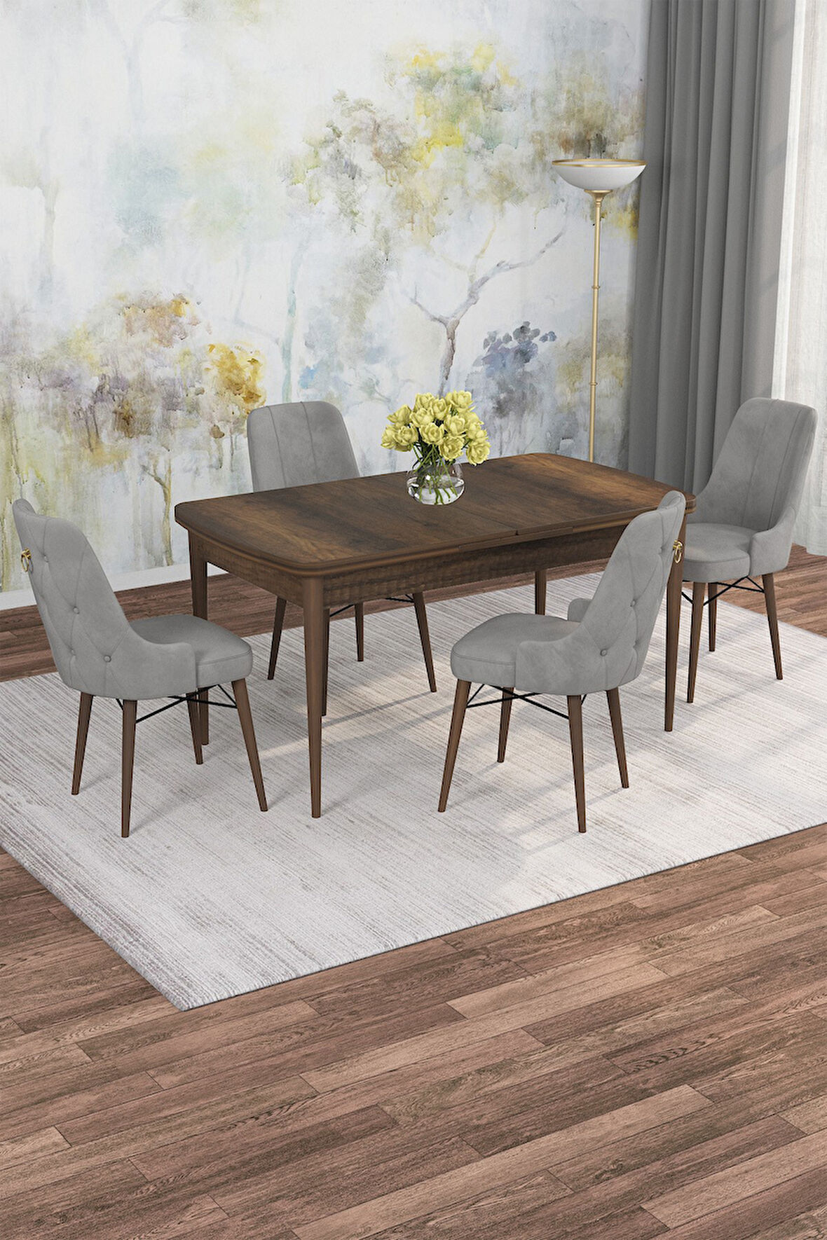 Arven Serisi 80x132 Açılabilir MDF Barok Ahşap Desen Mutfak Masa Takımı 4 Sandalye
