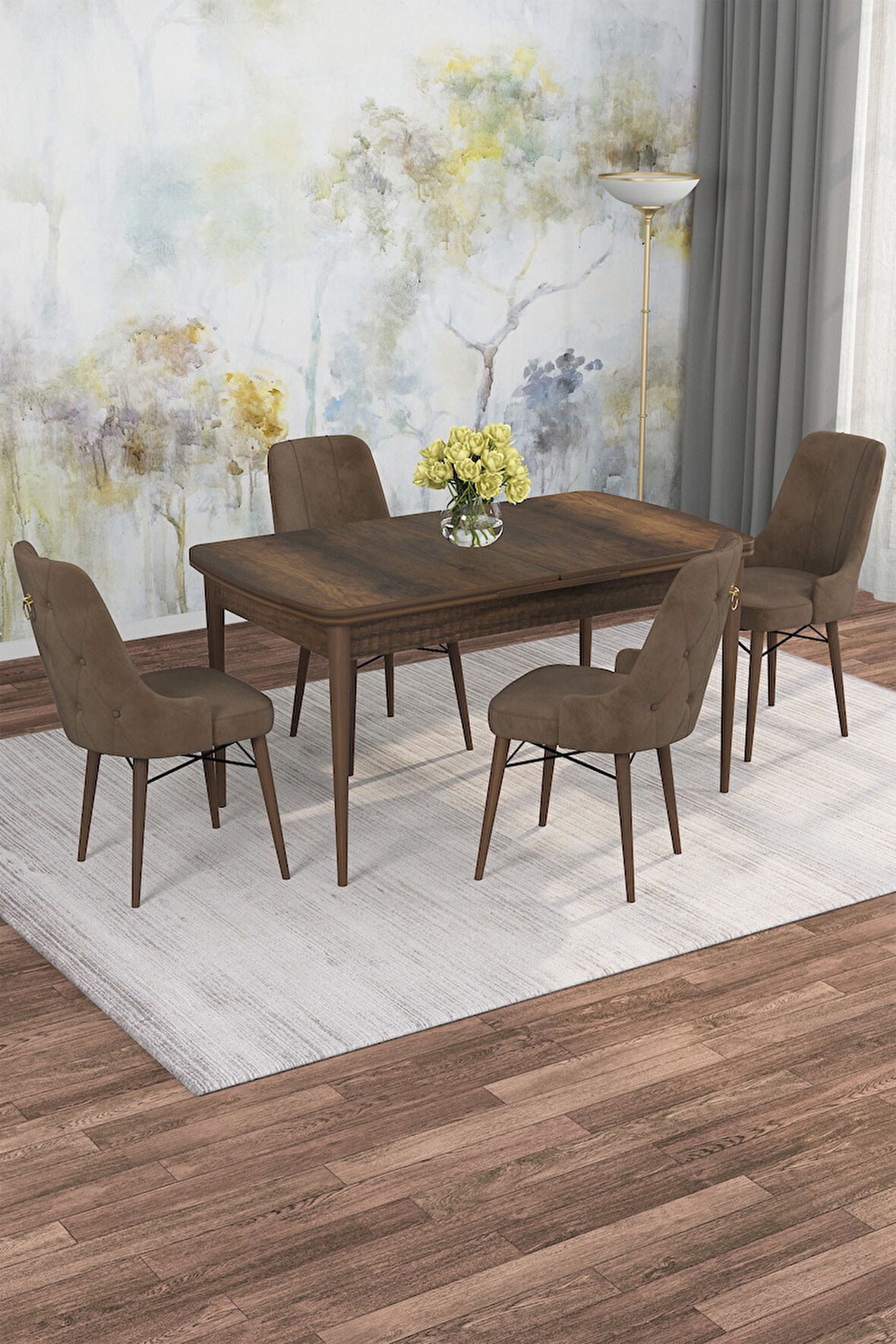 Arven Serisi 80x132 Açılabilir MDF Barok Ahşap Desen Mutfak Masa Takımı 4 Sandalye