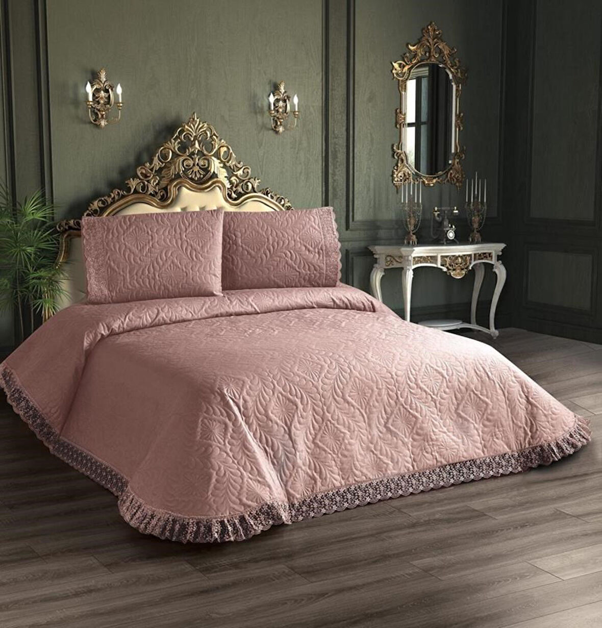 Kapitone Yatak Örtüsü Takımı Çift Kişilik Pudra 1 Yatak Örtüsü 225x250cm + 2 Yastık Kılıfı 60x80cm