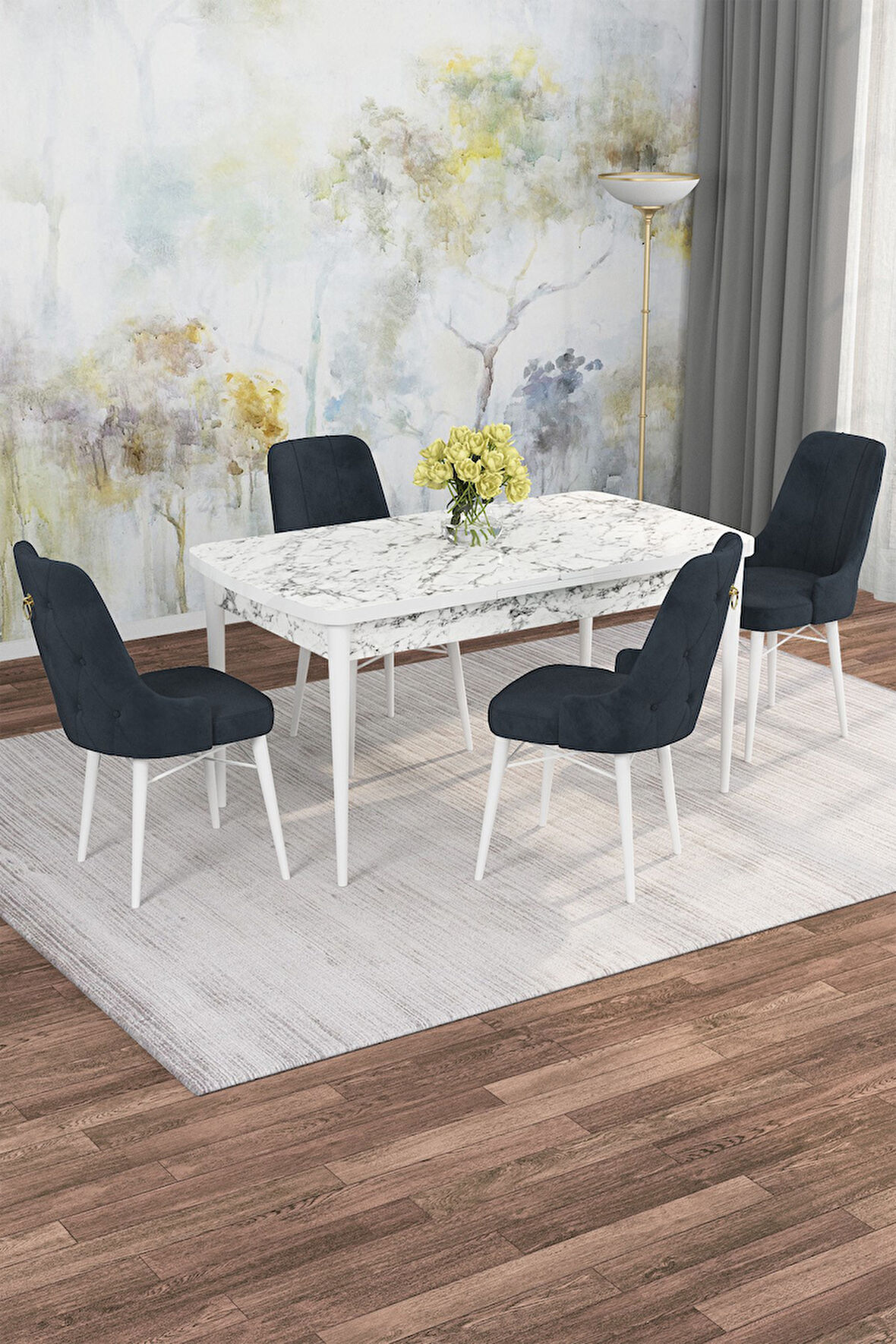 Arven Serisi 80x132 Açılabilir MDF Beyaz Mermer Desen Mutfak Masa Takımı 4 Sandalye