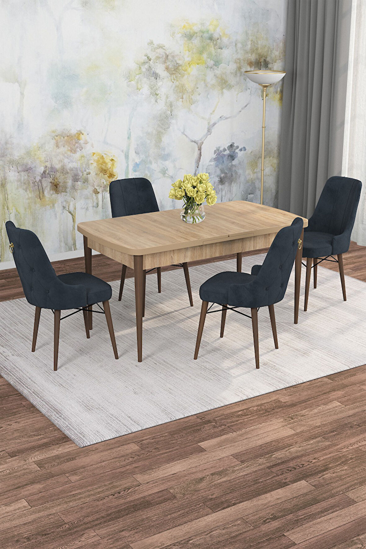 Arven Serisi 80x132 Açılabilir MDF Atlantik Çam Mutfak Masa Takımı 4 Sandalye
