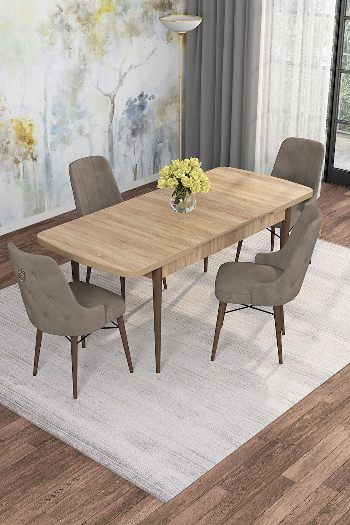 Arven Serisi 80x132 Açılabilir MDF Atlantik Çam Mutfak Masa Takımı 4 Sandalye