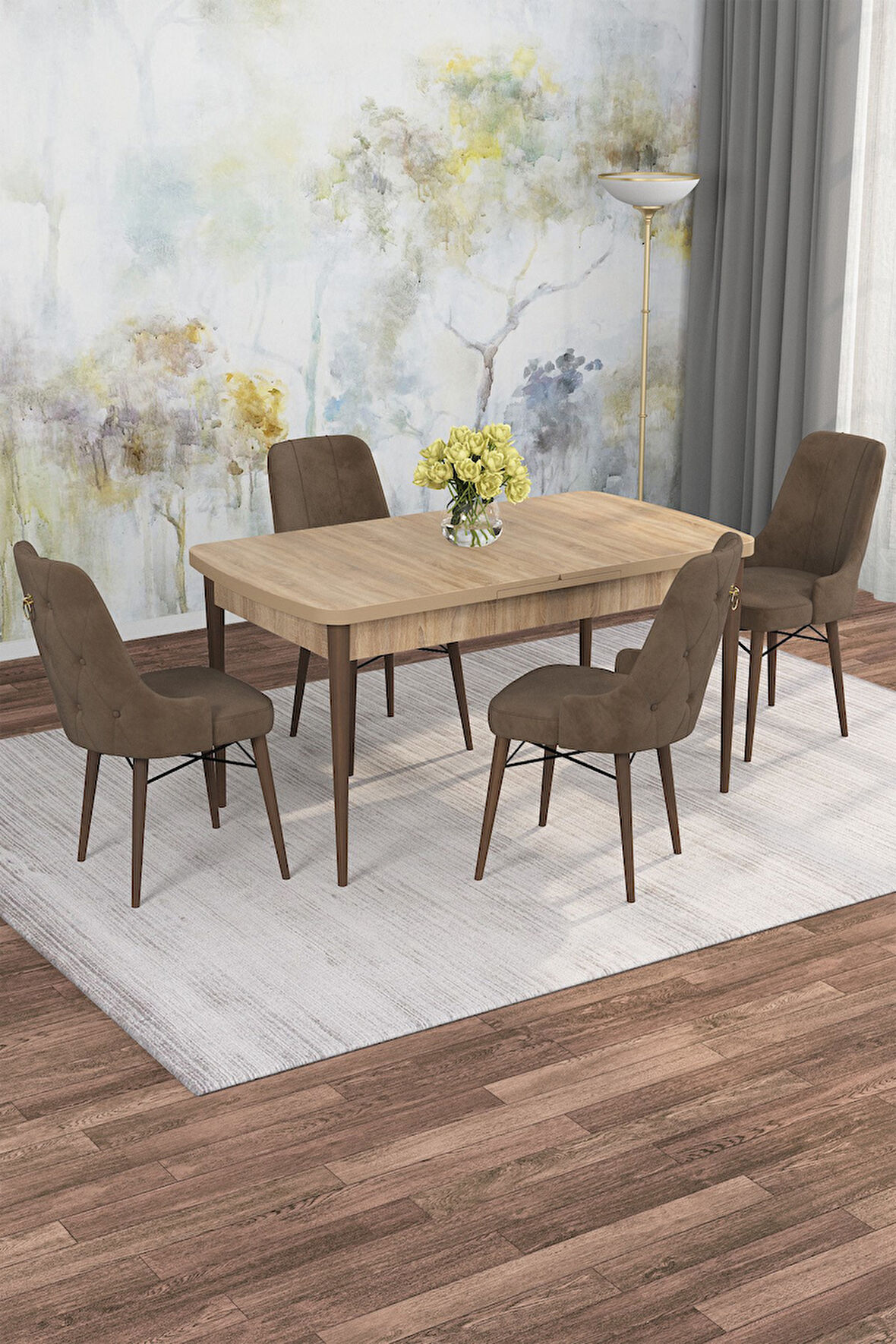 Arven Serisi 80x132 Açılabilir MDF Atlantik Çam Mutfak Masa Takımı 4 Sandalye