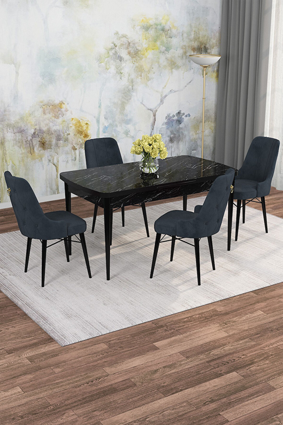 Arven Serisi 80x132 Açılabilir MDF Siyah Mermer Desen Mutfak Masa Takımı 4 Sandalye