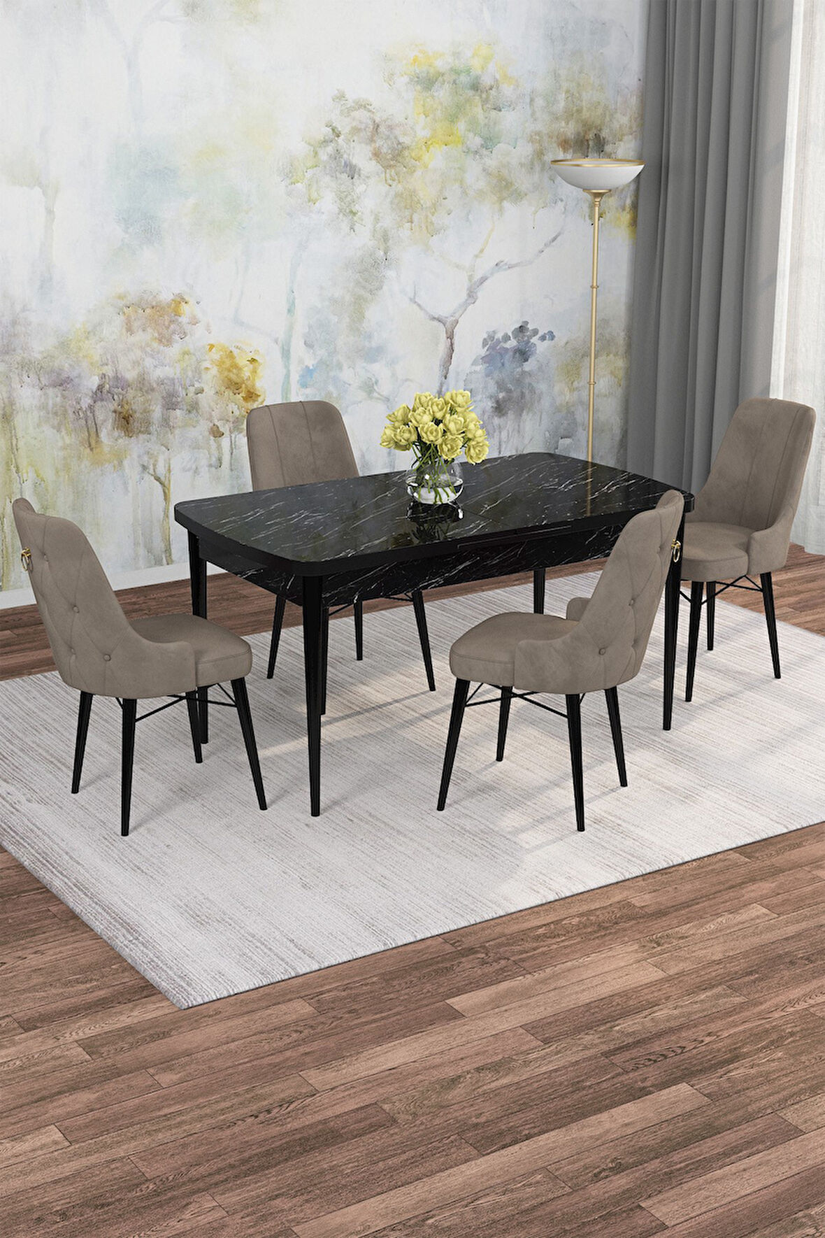 Arven Serisi 80x132 Açılabilir MDF Siyah Mermer Desen Mutfak Masa Takımı 4 Sandalye
