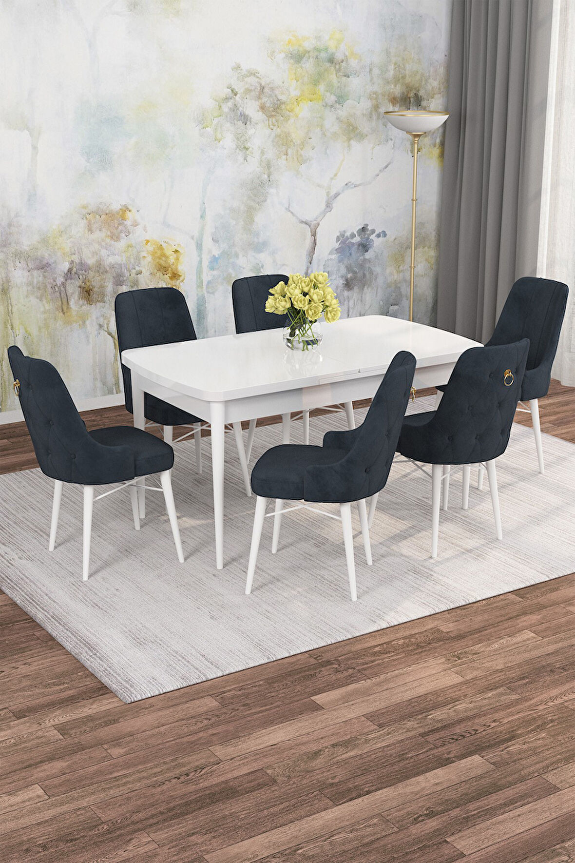 Arven Serisi 80x132 Açılabilir MDF Beyaz Mutfak Masa Takımı 6 Sandalye