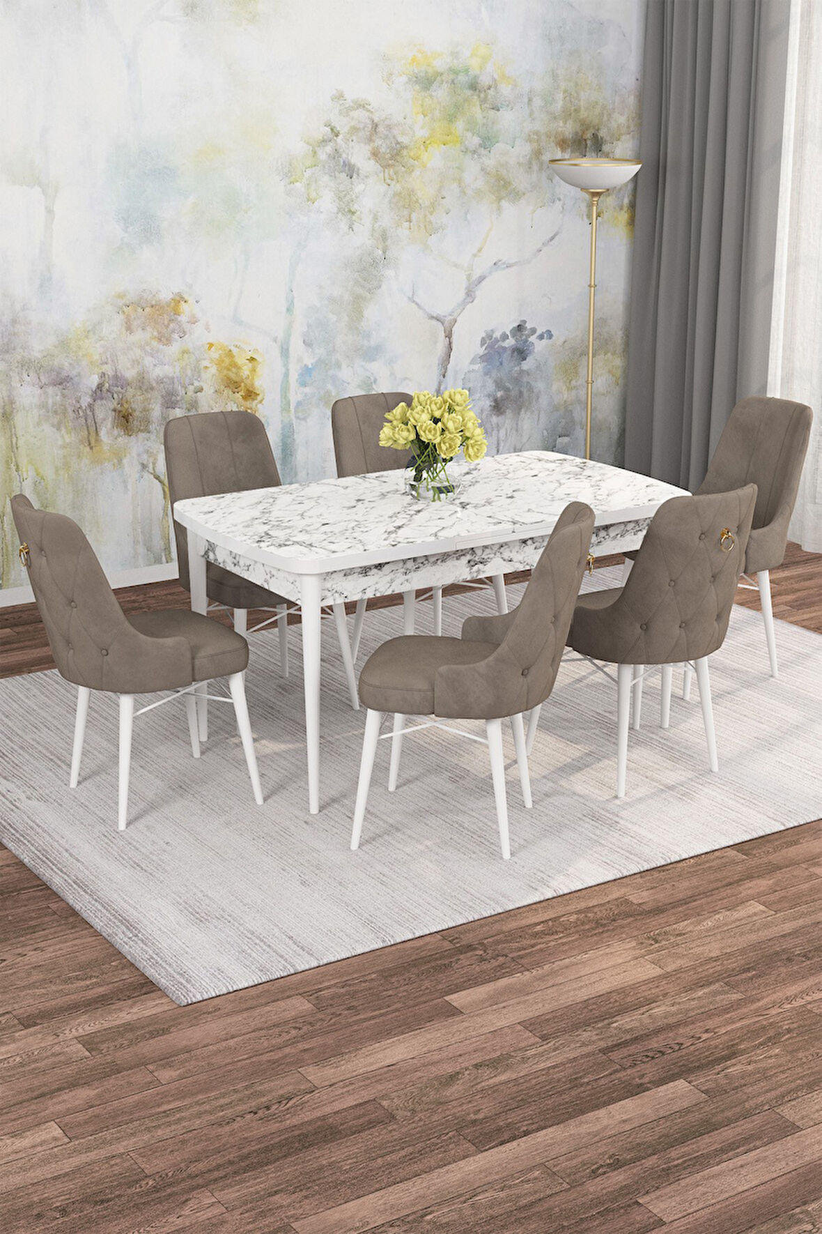 Arven Serisi 80x132 Açılabilir MDF Beyaz Mermer Desen Mutfak Masa Takımı 6 Sandalye